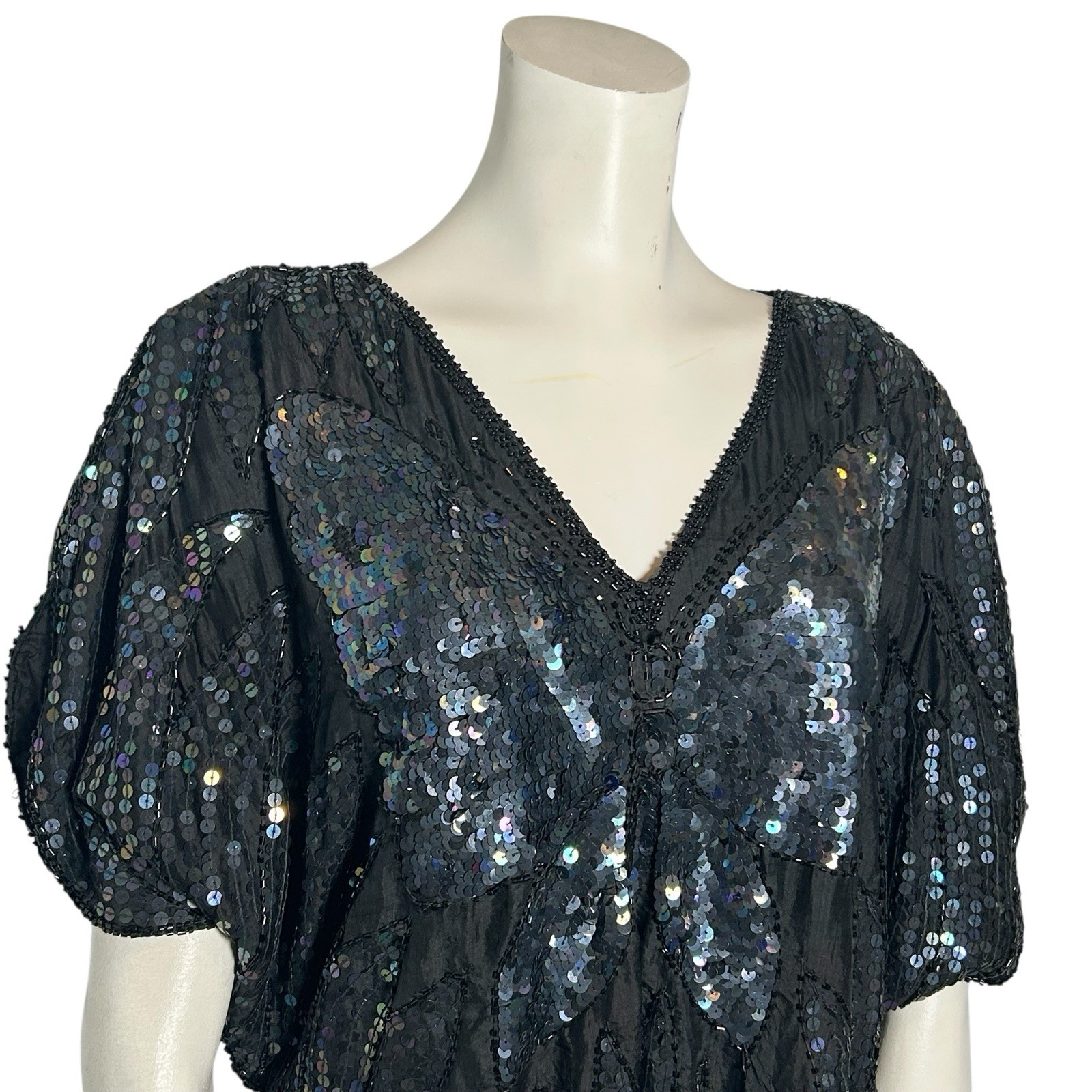 Vintage Linsiano Black Silk Sequin Butterfly Top OS 54” Chest Boho Glam Evening