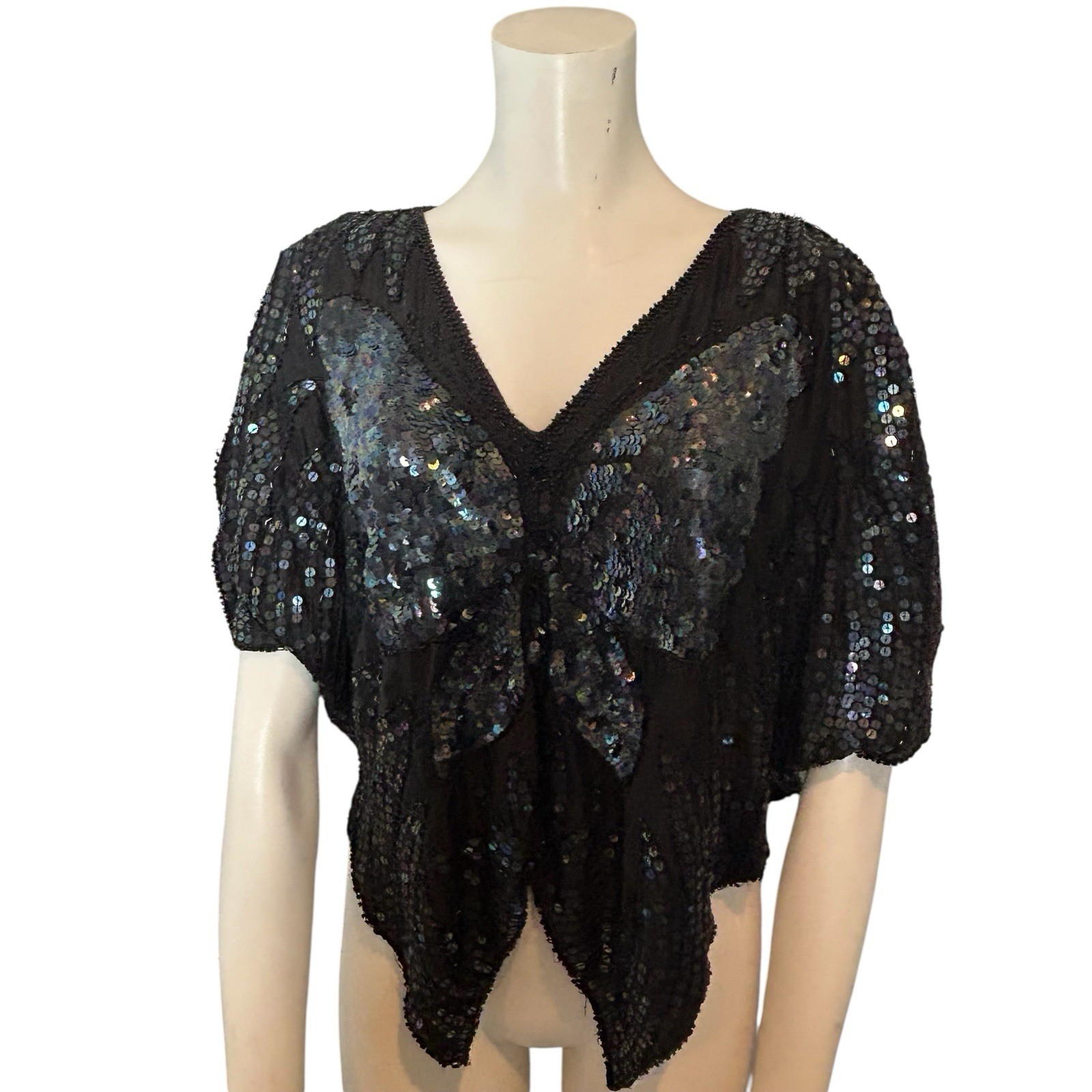 Vintage Linsiano Black Silk Sequin Butterfly Top OS 54” Chest Boho Glam Evening