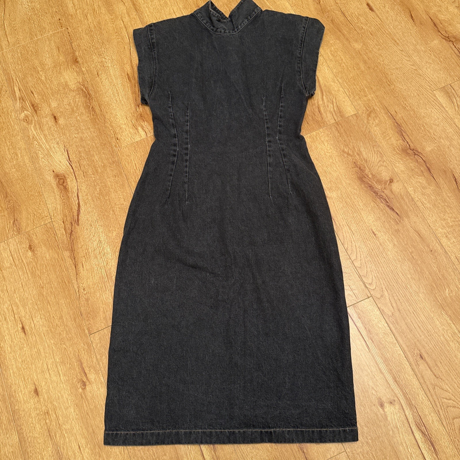 VTG JONI BLAIR 80s Demin Black Faded SIZE 11 Open Back Shoulder Pads Dress
