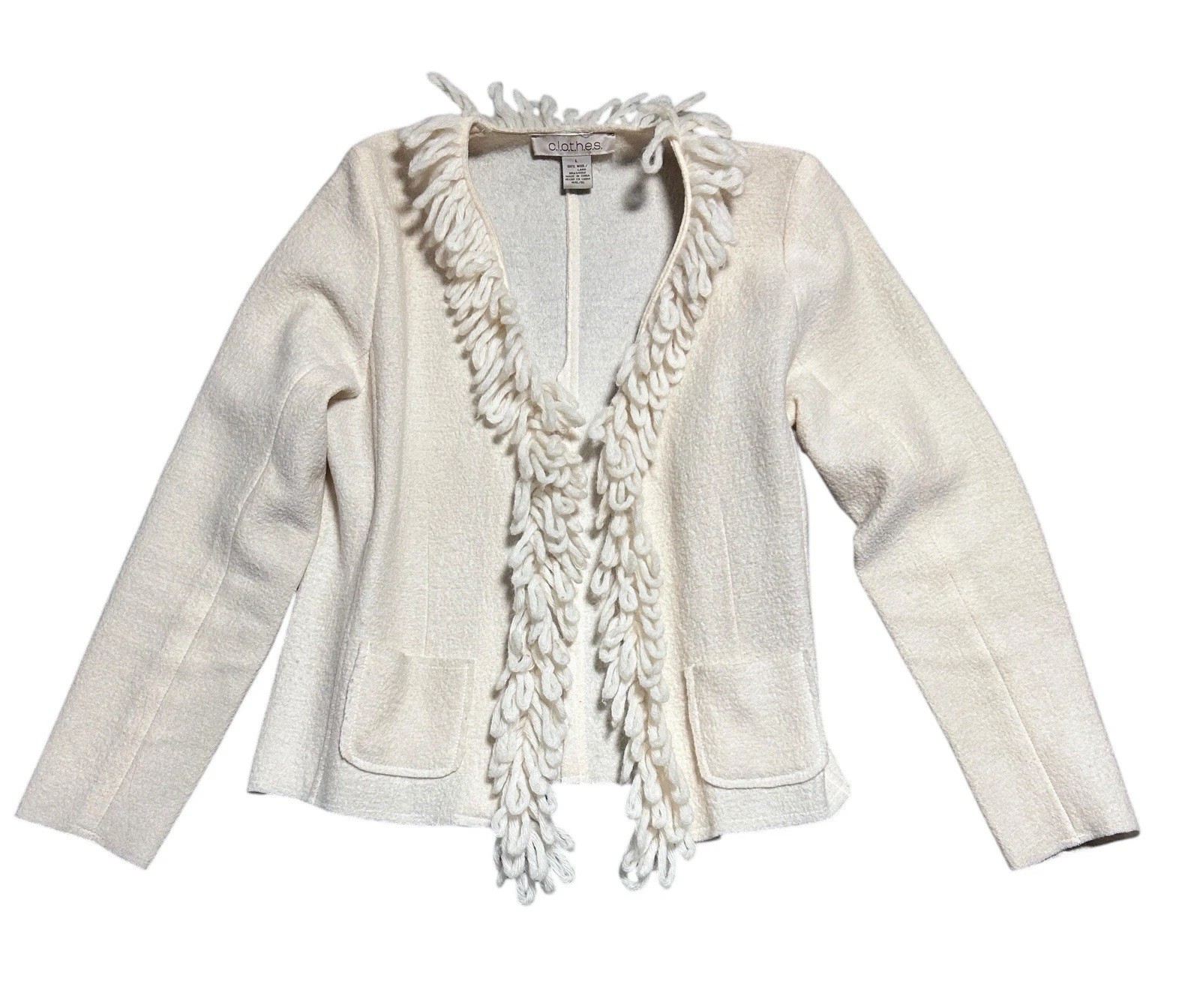 c.l.o.t.h.e.s. 100% Wool Cream Fringe Cardigan L Shaggy Artsy Y2K Textured Boho