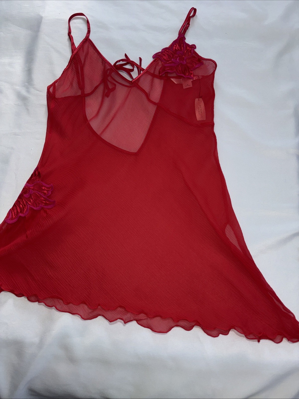 Vintage Victoria’s Secret Red 100% Silk Babydoll Sheer Mesh Floral NWT M Gown