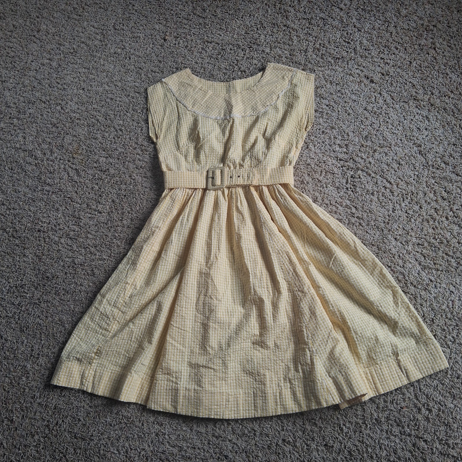 Vintage 40s 50s Yellow Gingham Dress Fit Flare Cap Sleeve Belted Cottagecore MCM