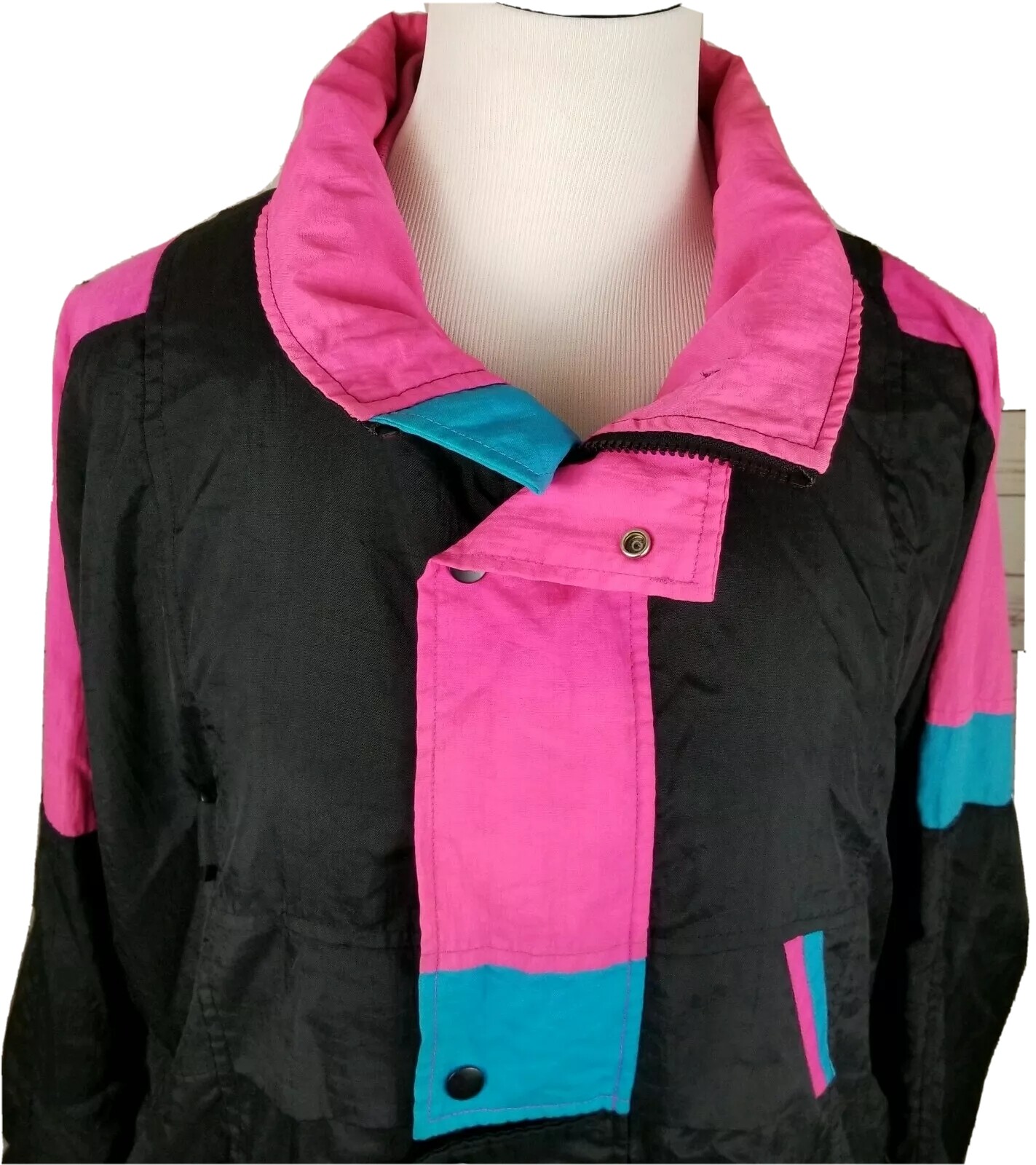 Vintage 80s Track Jacket Large Colorblock Unisex Black Neon Pink Blue