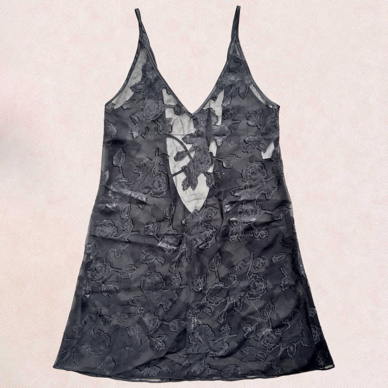 Vintage 80s California Dynasty Black Sheer Floral Slip Dress Size S Made In USA