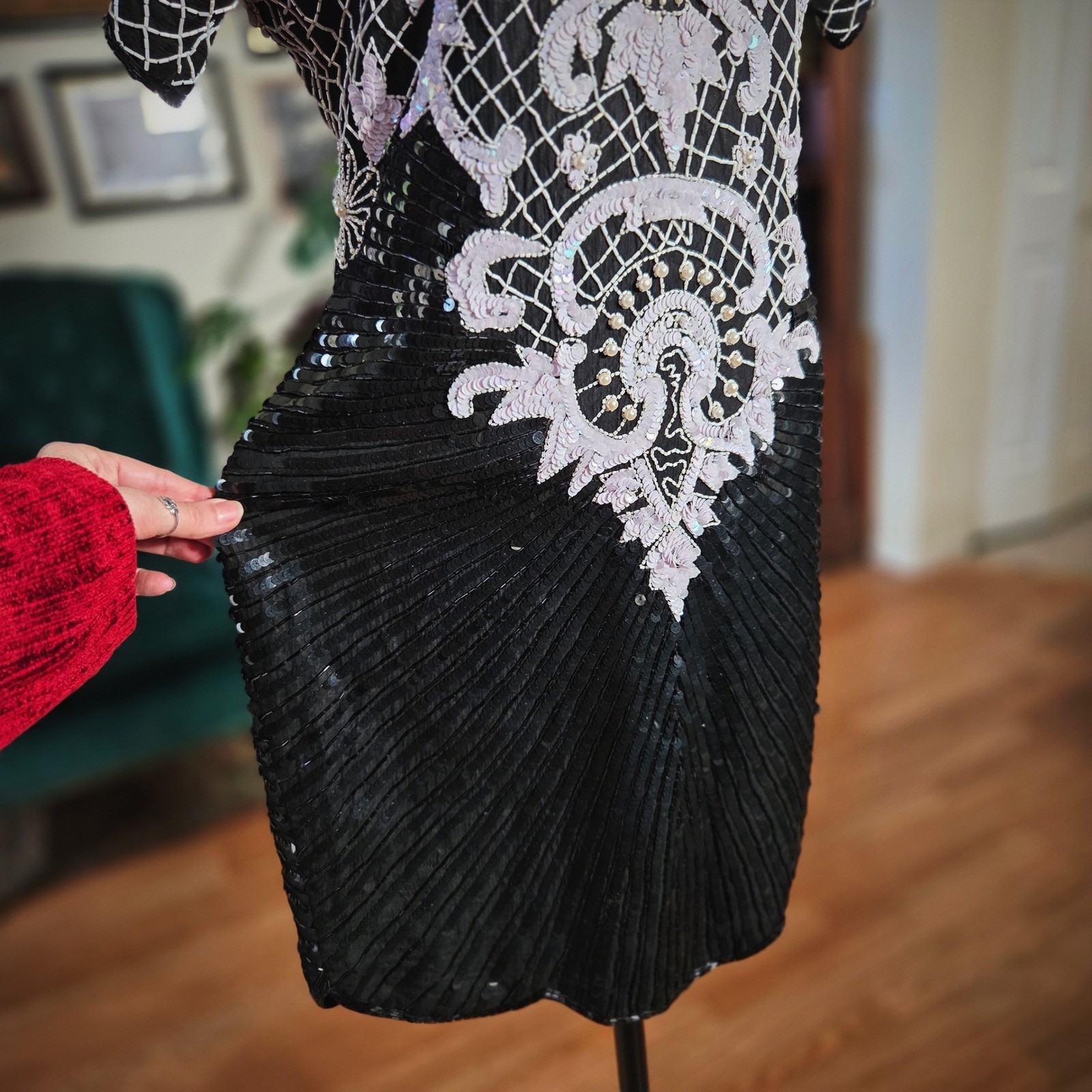 Vintage 90s Stenay 100% Silk Beaded Sequin Cocktail Black Midi Dress Retro