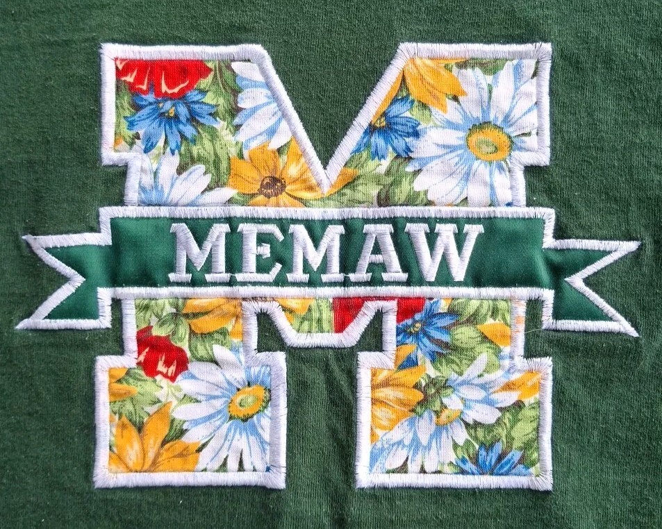 VTG Fruit of the loom super cotton embroidered Floral MEMAW GREEN Large t-shirt