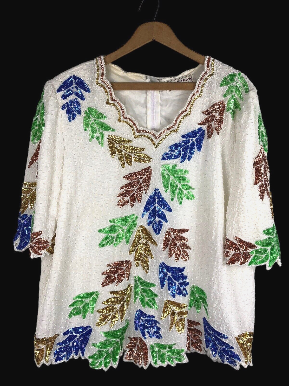 Beaded Top Size XL / 1X Vintage Evening Wear Shirt Blouse White Blue Copper Leaf