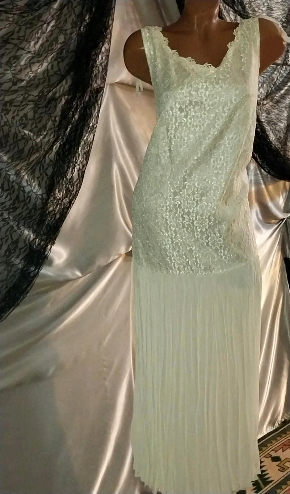 VTG Satin Lace Drop Waist Flapper Maxi Dress Roaring 20s styL 50 ETHEL CANE ESQU