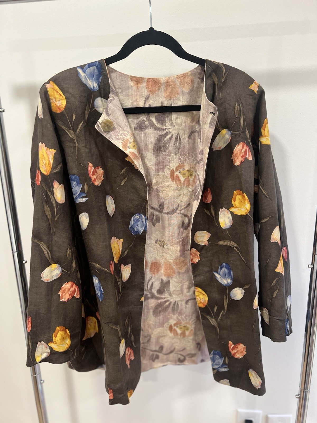 Emanuel Ungaro Parallèle Reversible Linen Jacket Floral Brown Beige Women’s 16