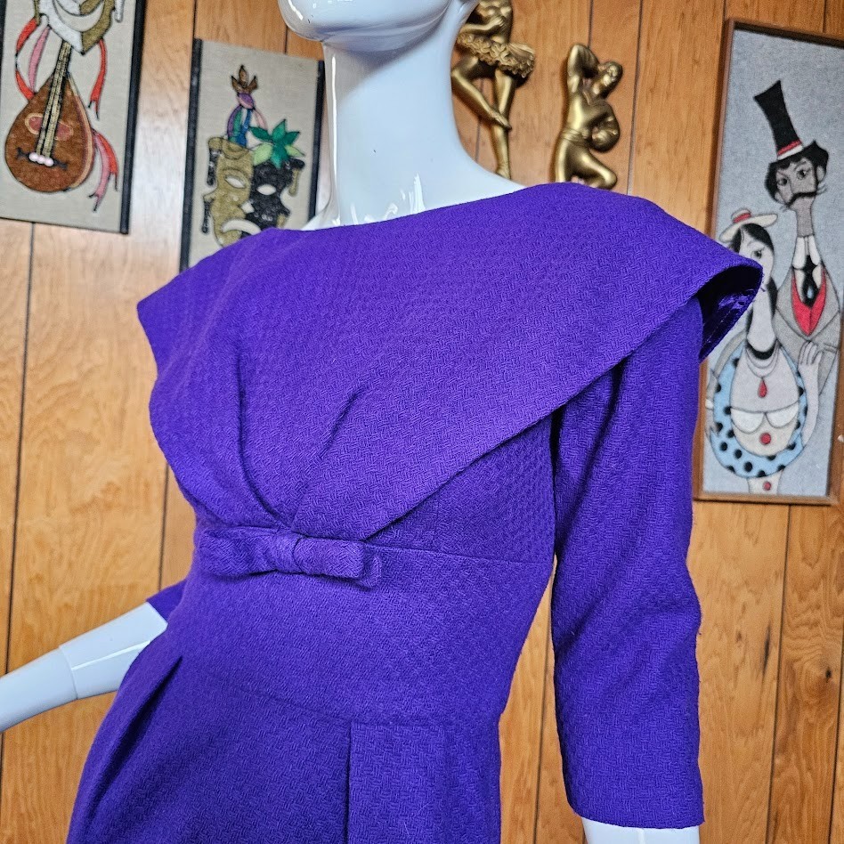 Vtg 50s Rockabilly Violet Purple Wool Wiggle Pencil Cocktail Party Dress XS/S