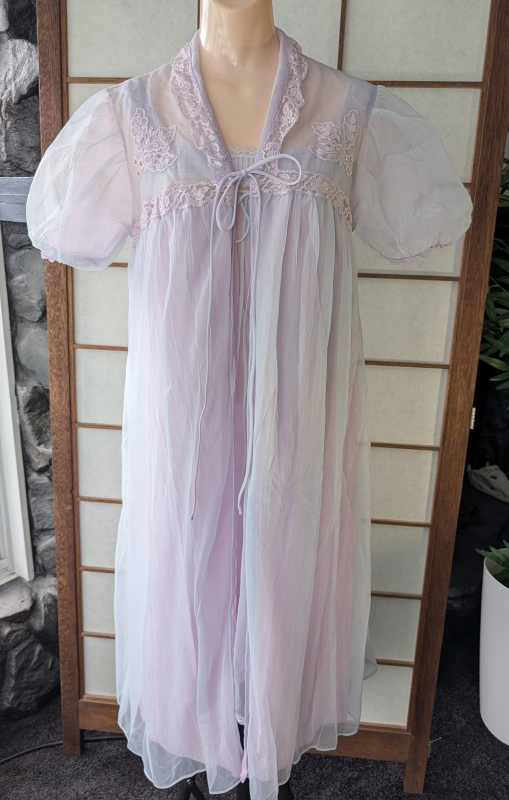 Vtg Gotham Gold Stripe Peignoir Set Blue Chiffon over Lilac Nylon Sz S/M 1950s