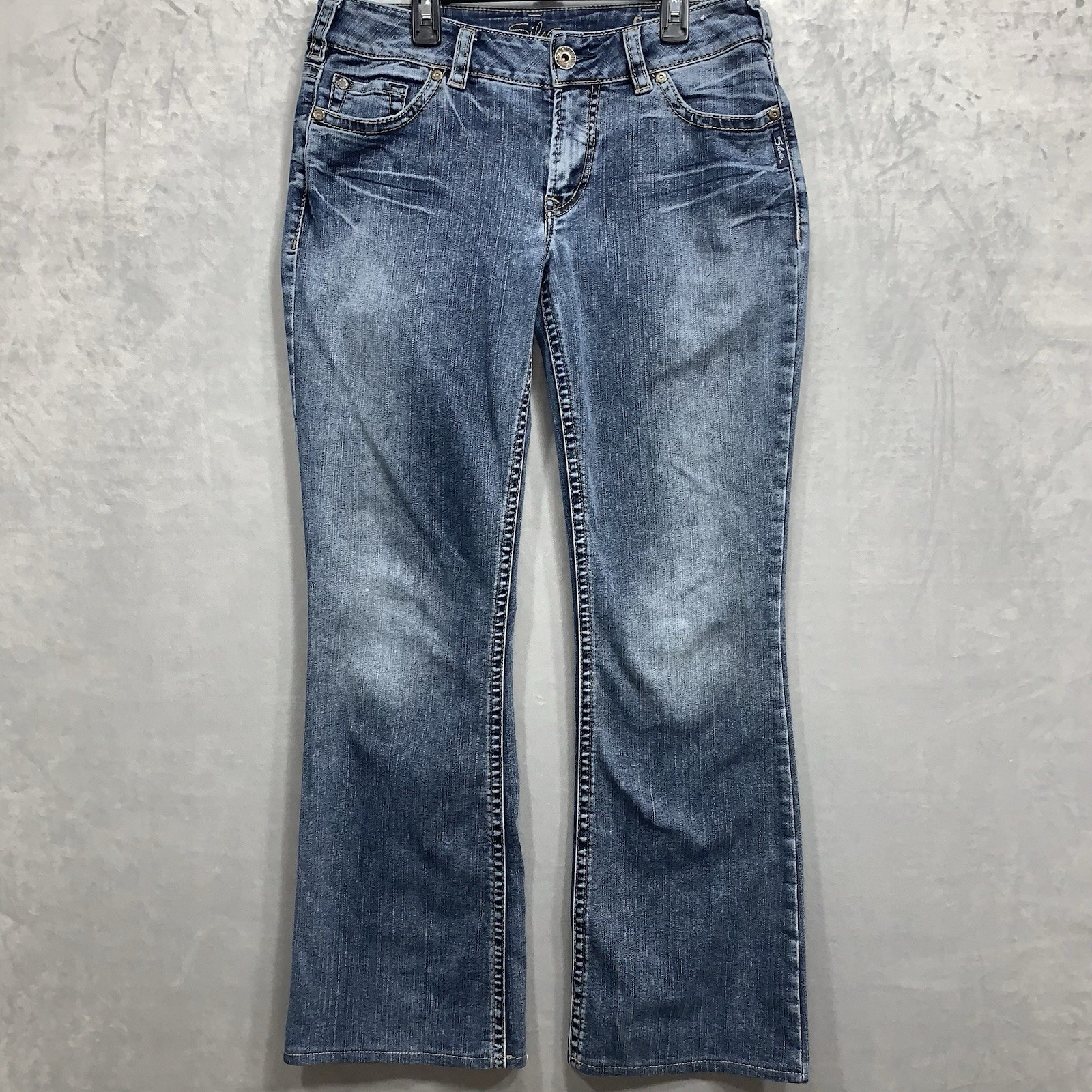 Vintage Silver Suki Jeans Size 32×29 Embroidery Med Wash Bootcut