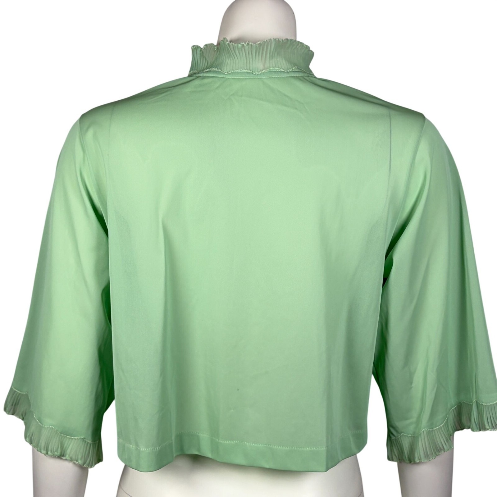 Vintage Cropped Nylon Bed Jacket with Ruffle Trim Front Tie Light Green One Size