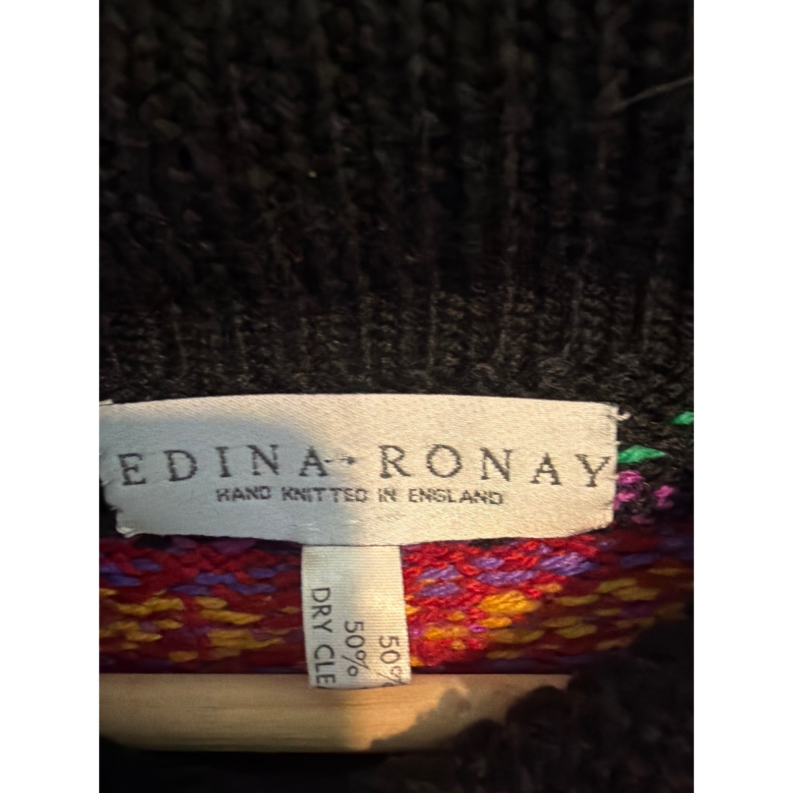 Edina Ronay Hand Knit Silk Wool Sweater England Vintage Black Pink MEDIUM