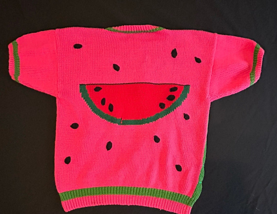 VTG 80&rsquo;s PICKING WATERMELON HANDMADE PERUVIAN EMBELLISHED NOVELTY SWEATER S-LG