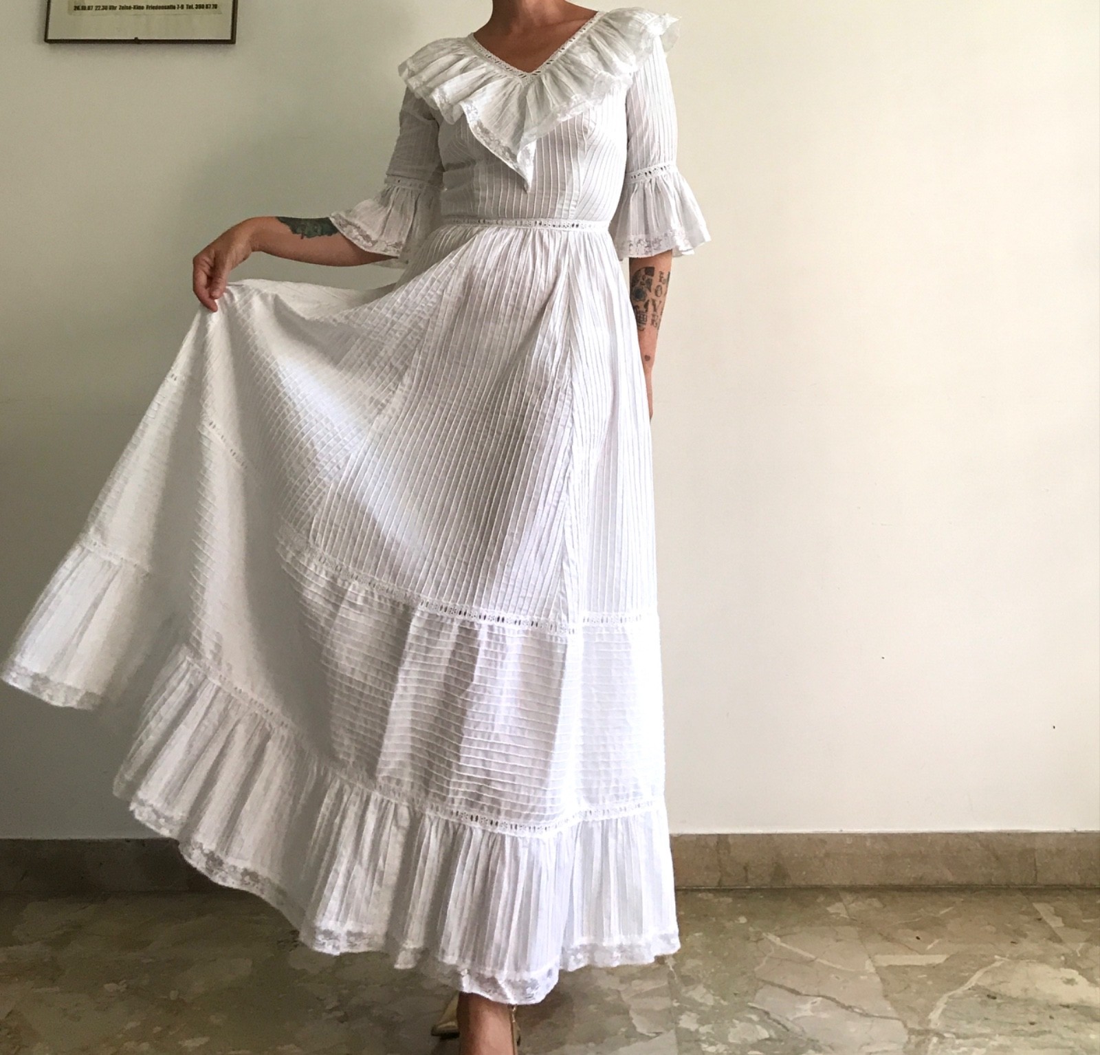 Vintage 70s Mexican Wedding Dress Bridal Dress White Cotton Boho Lace Gown Maxi