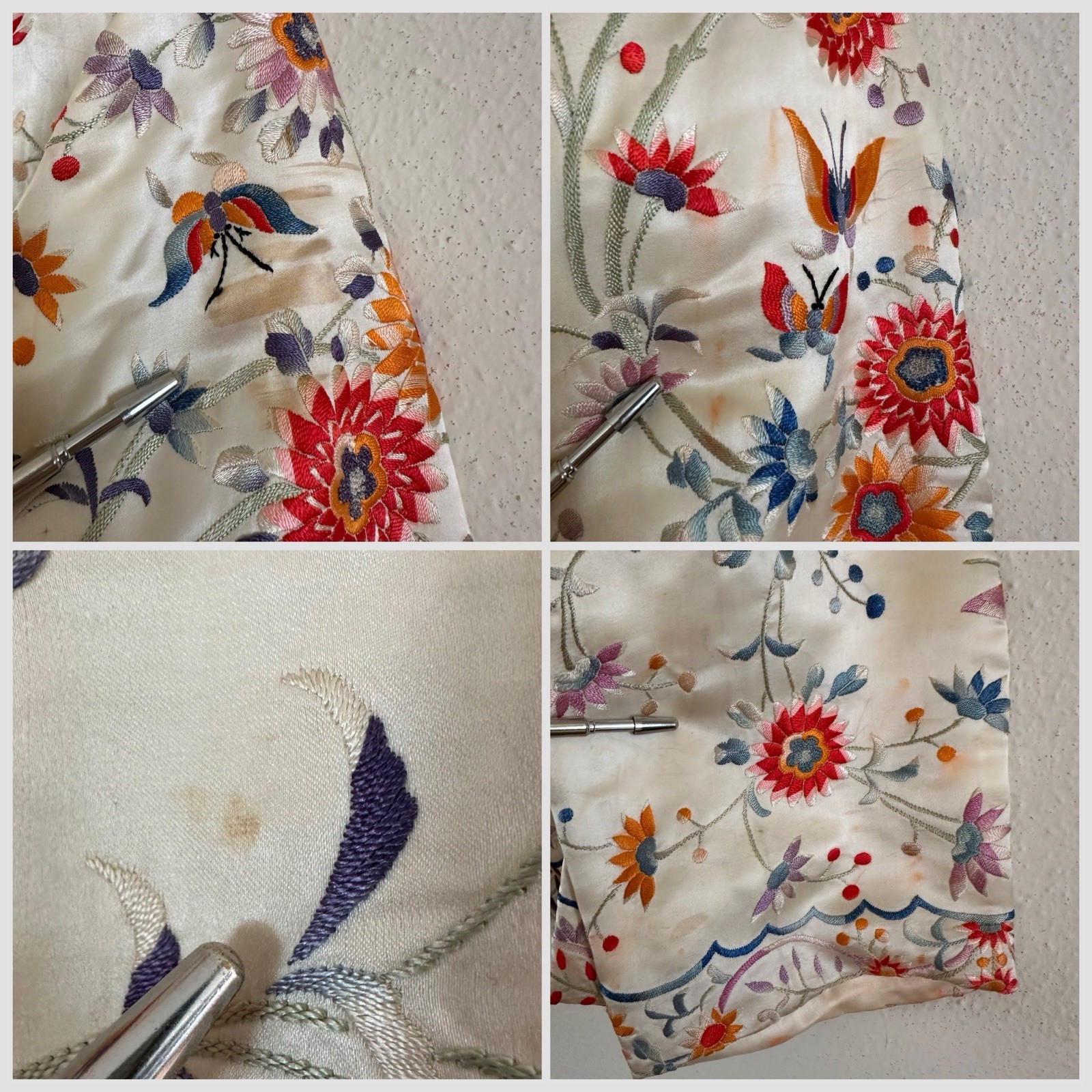 1920s 30s Silk Embroidered Export Piano Shawl Jacket Moth Floral Peking Knot VTG