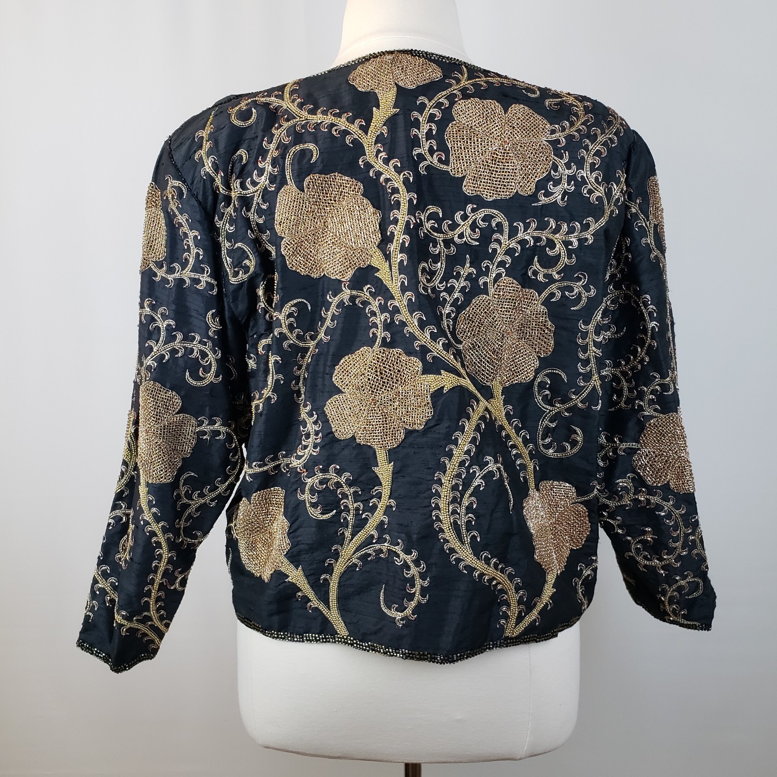 Vintage Starlight Evening Jacket XXL Black Silk Gold Beading Embroidery Handmade