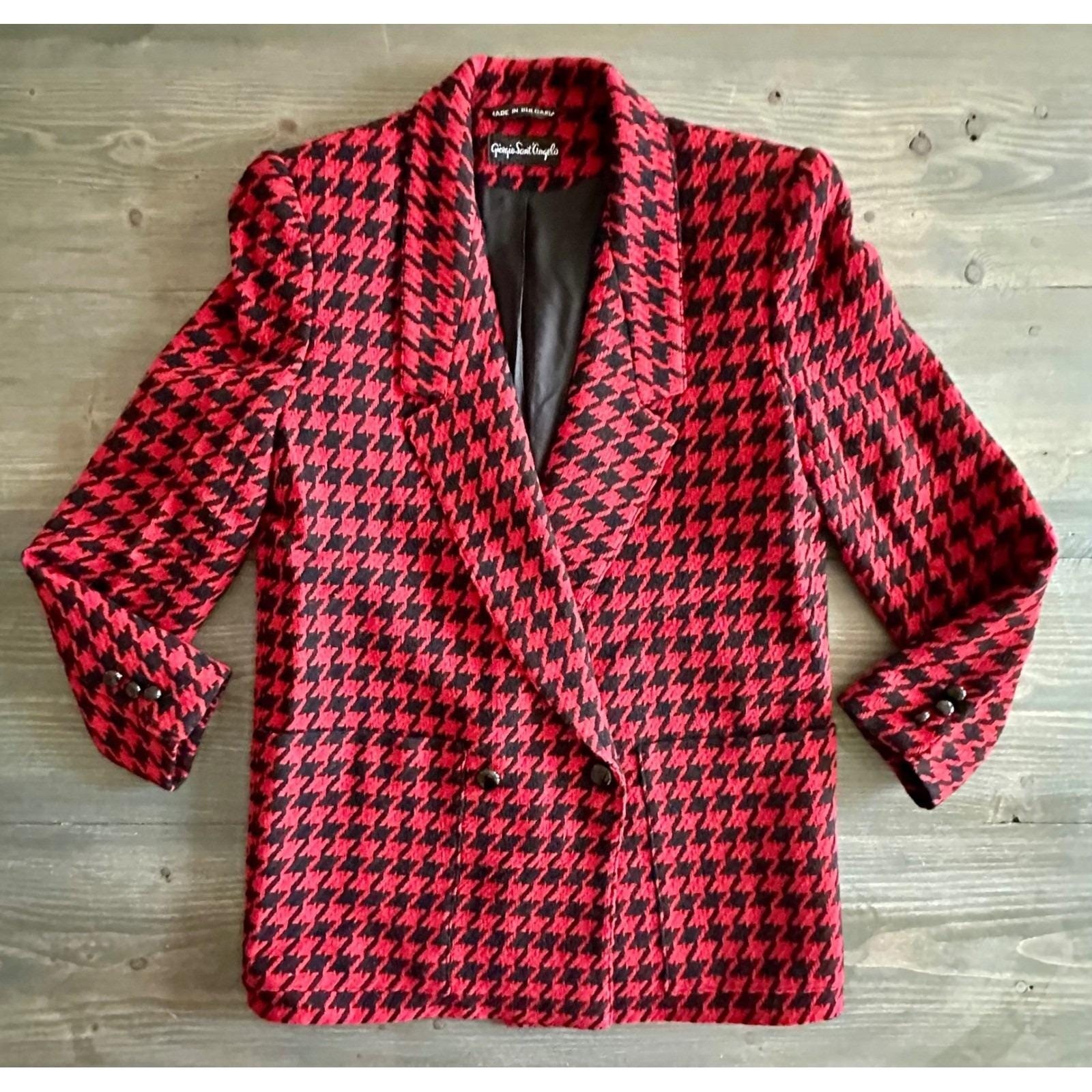 Vintage Giorgio Sant Angelo Wool Red Black Houndstooth Blazer Womens Size 8