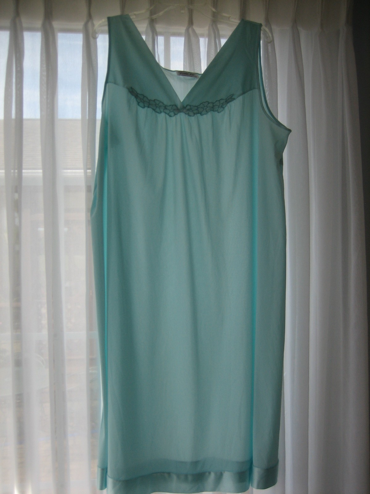 Vtg Vanity Fair Aqua Nylon Nightgown Slip Dress Sleeveless Size L Made in USA