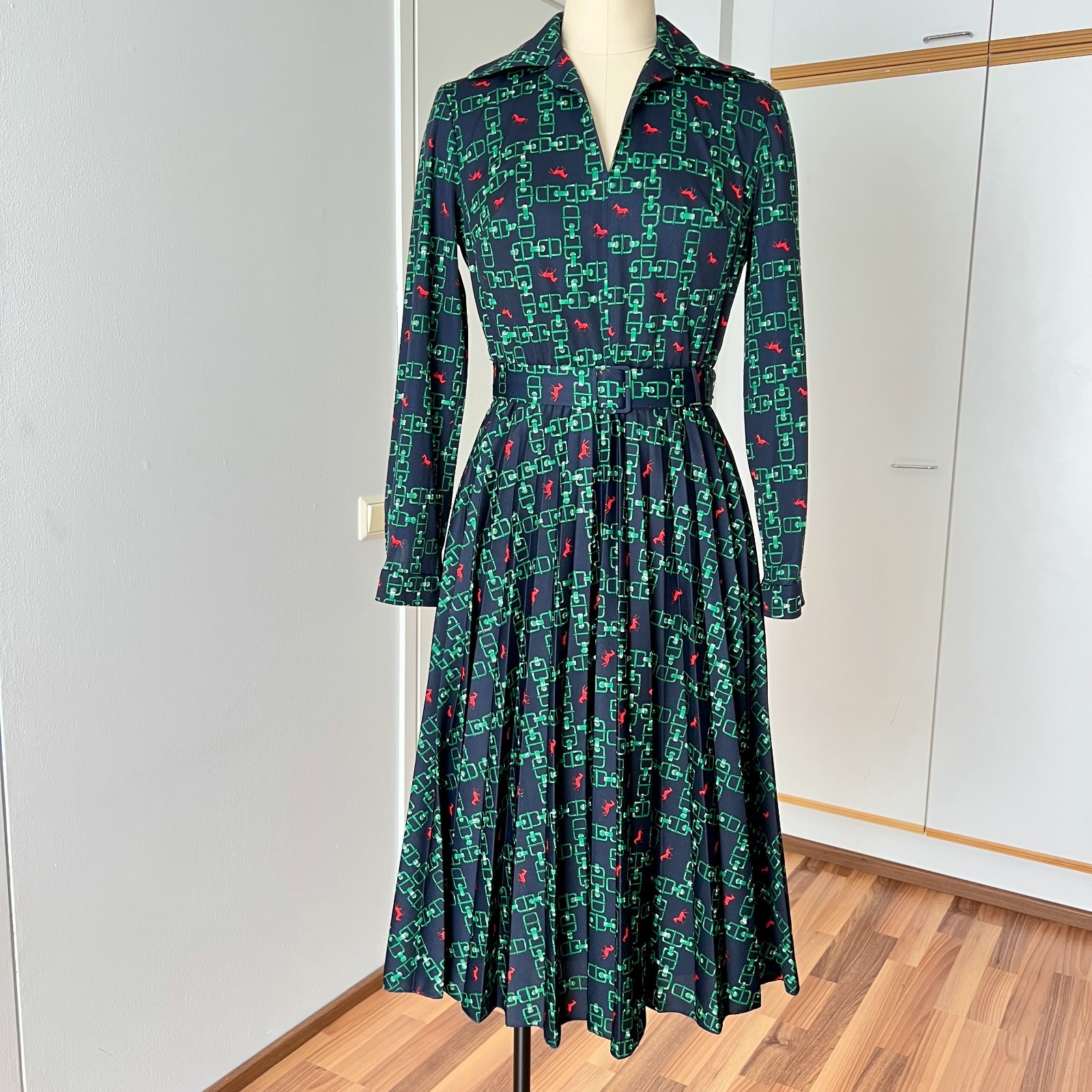 1970s Abstract Print Long Sleeves Pleated Midi Day Dress Aline Retro Mod EU 38