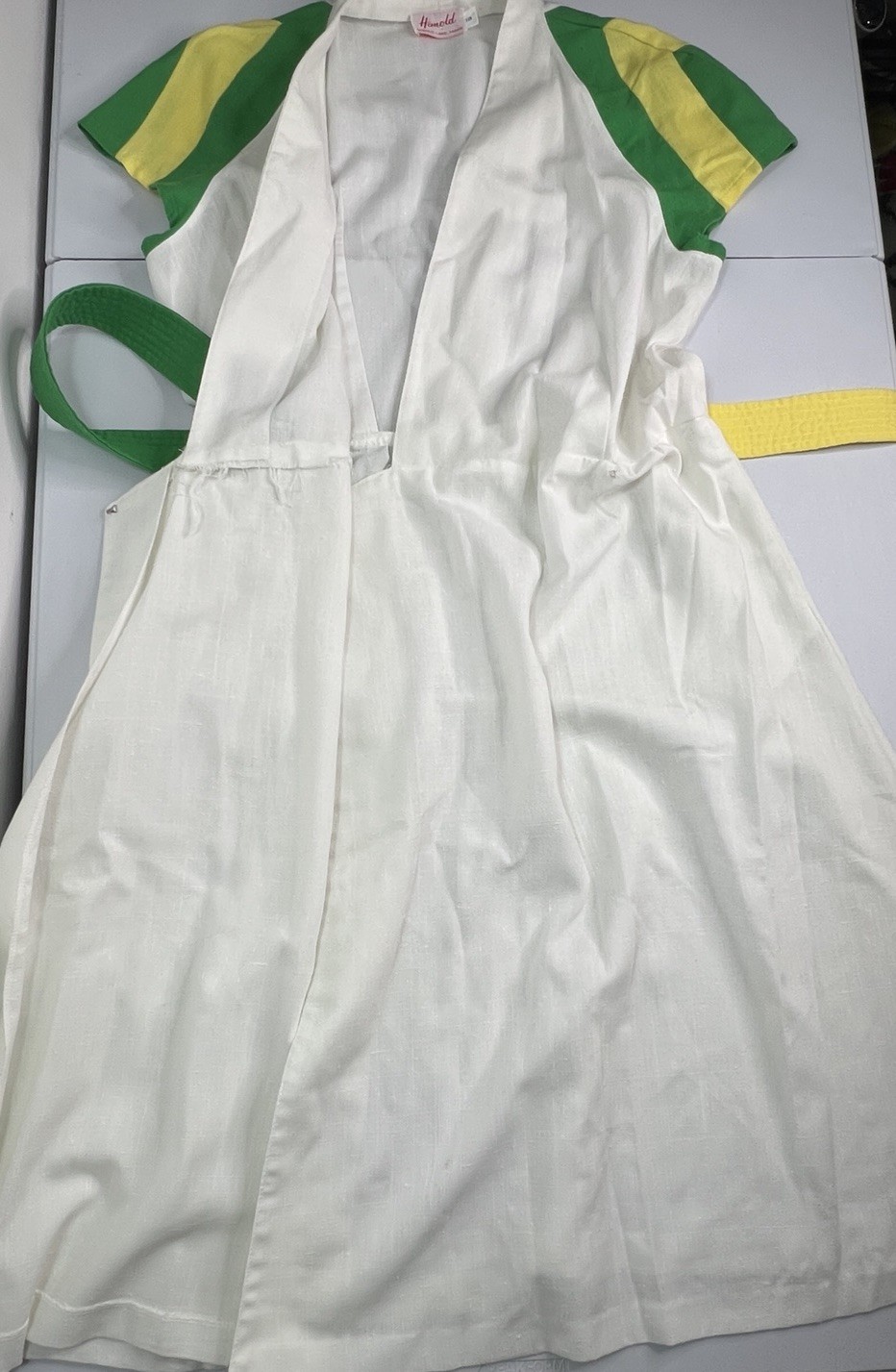 Vintage 60’s White Wrap Dress Green Yellow Striped Sleeves Belted Tag Sz 18