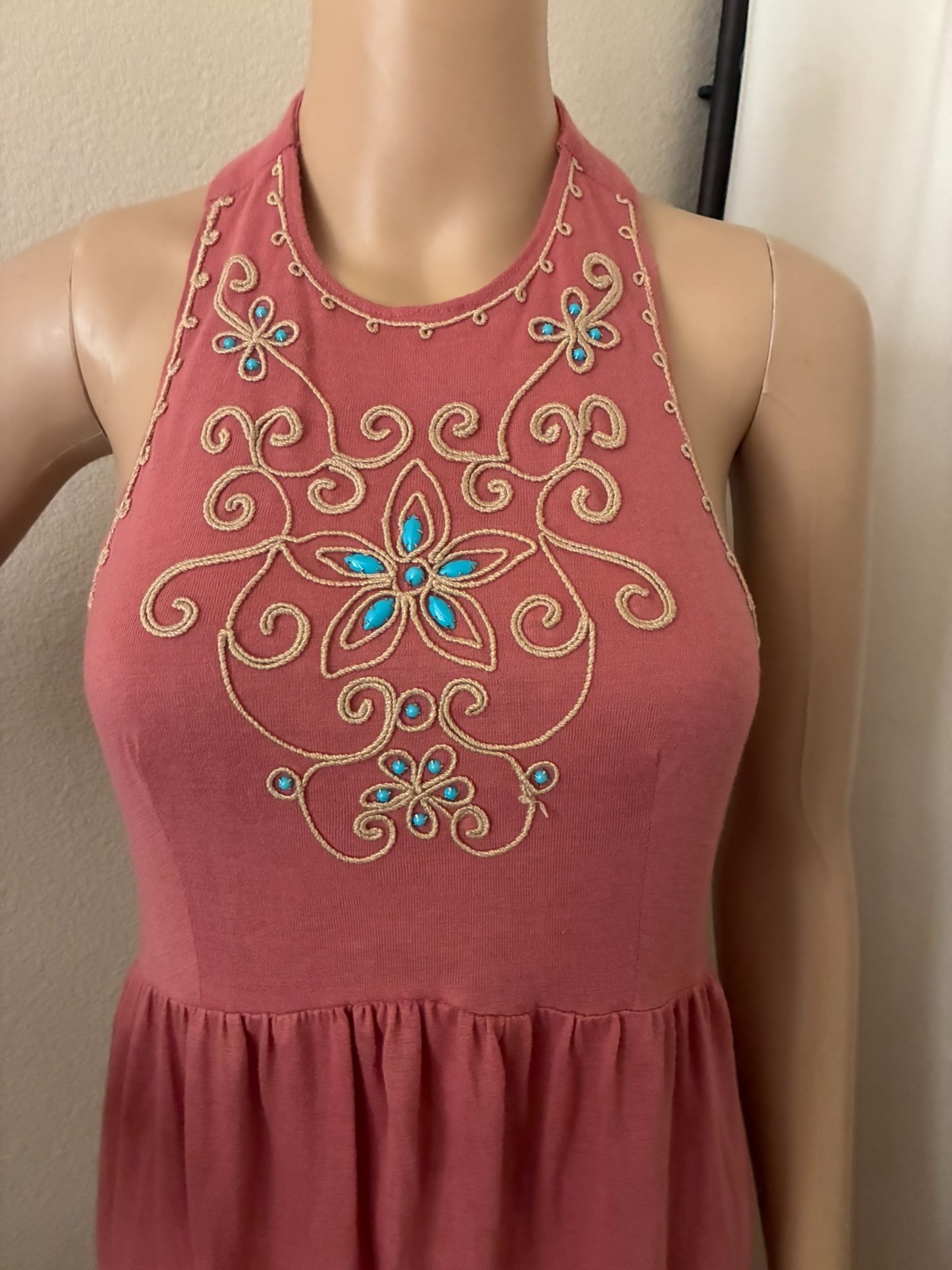 Vtg 70&rsquo;s Young Innocent Arpeja mauve halter maxi dress M turquoise beads