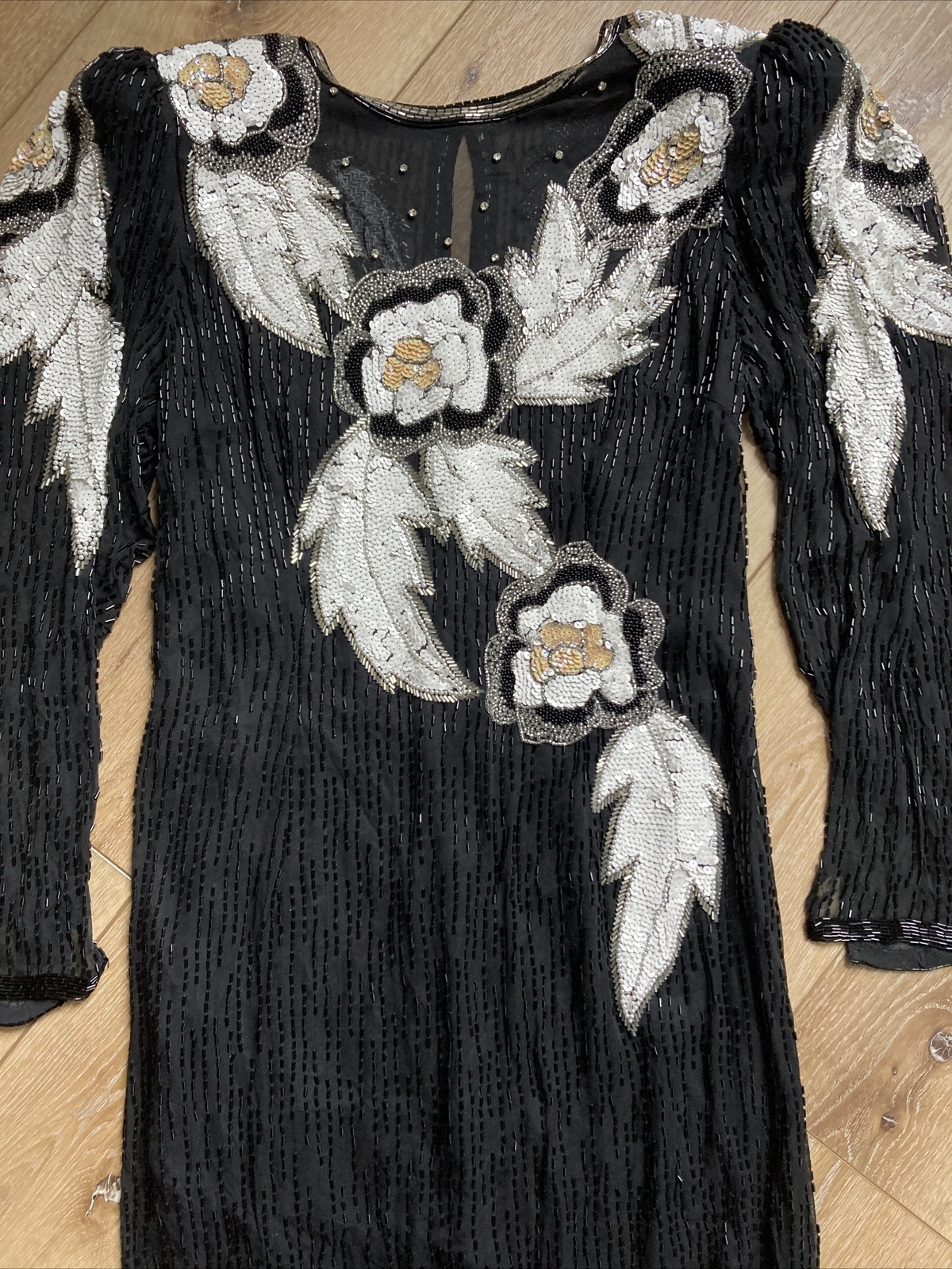 Vintage 80s Niteline Beaded 100% Silk Cocktail Formal Party Dress 10 FLAW READ