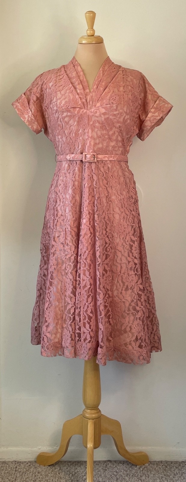 Vintage 1950s Size L Custom Made Dusty Rose Lace Dress Belted Lined Fit Flare