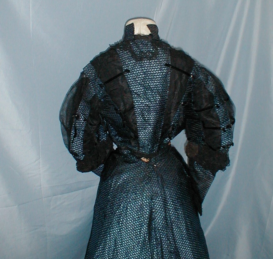 Ornate Antique Dress Victorian 1890&rsquo;s Blue and Black Print Silk Lavish Trims
