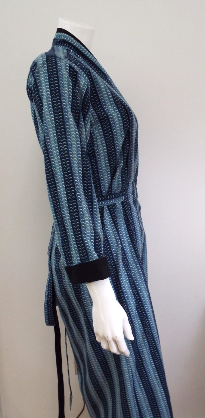 Vintage 1970s KENZO Jap Kimono Long Robe Dress 38 Blue Cotton Wrap Front Belt