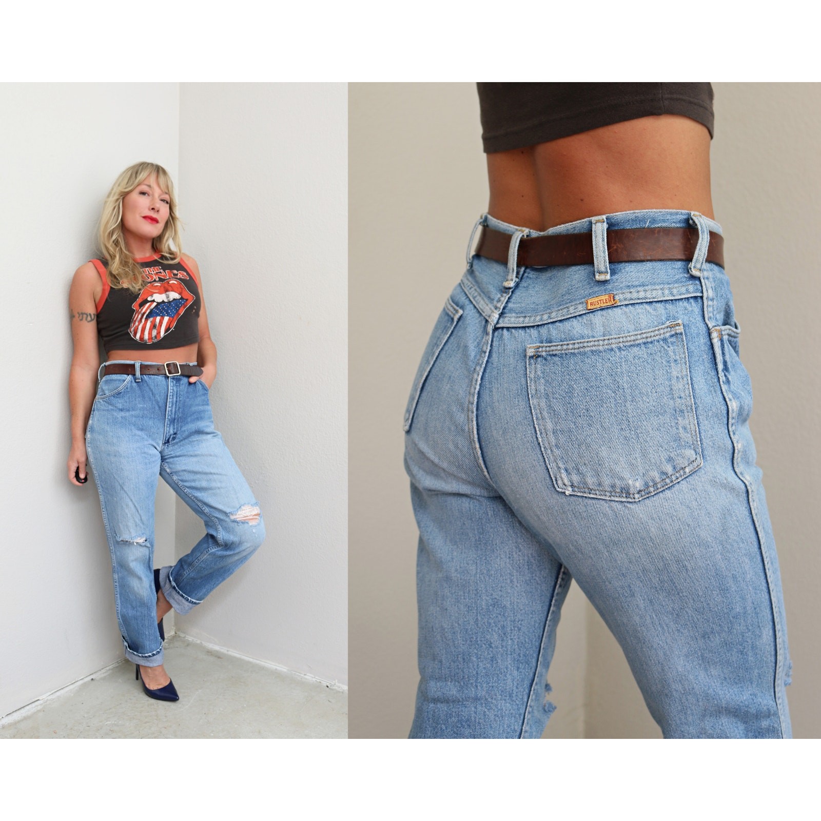 1980&rsquo;s Vintage USA Made Rustler Distressed Jeans ~ Women&rsquo;s SM MD 30&Prime; 31&Prime; Waist