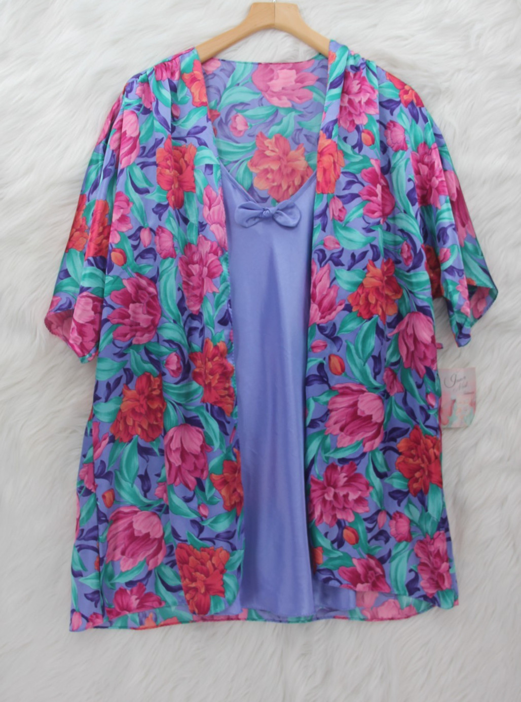 Vintage 90&rsquo;s Inner Most Short Night Gown & Robe Set Satin Blue Floral Size S/M