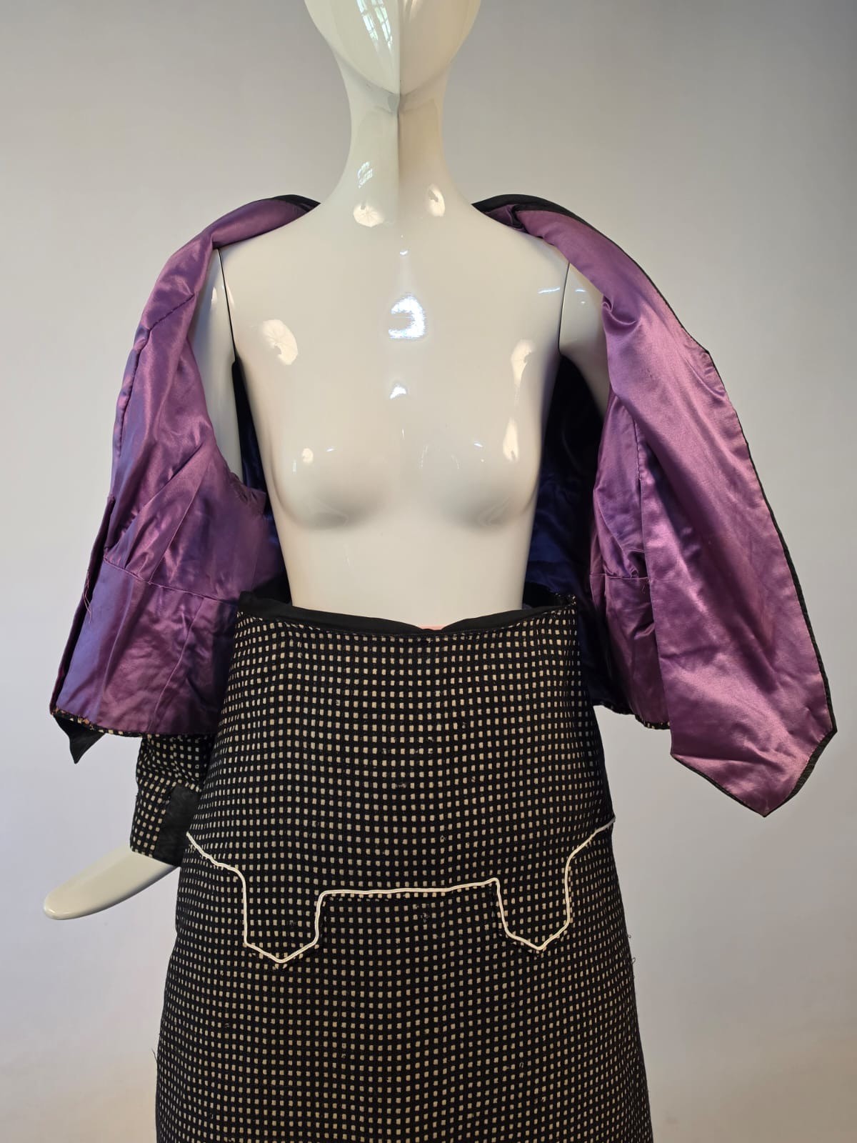 EDWARDIAN BLACK + WHITE CHECK WALKING SUIT W CORD DETAIL + SOUTACHE BELT BACK
