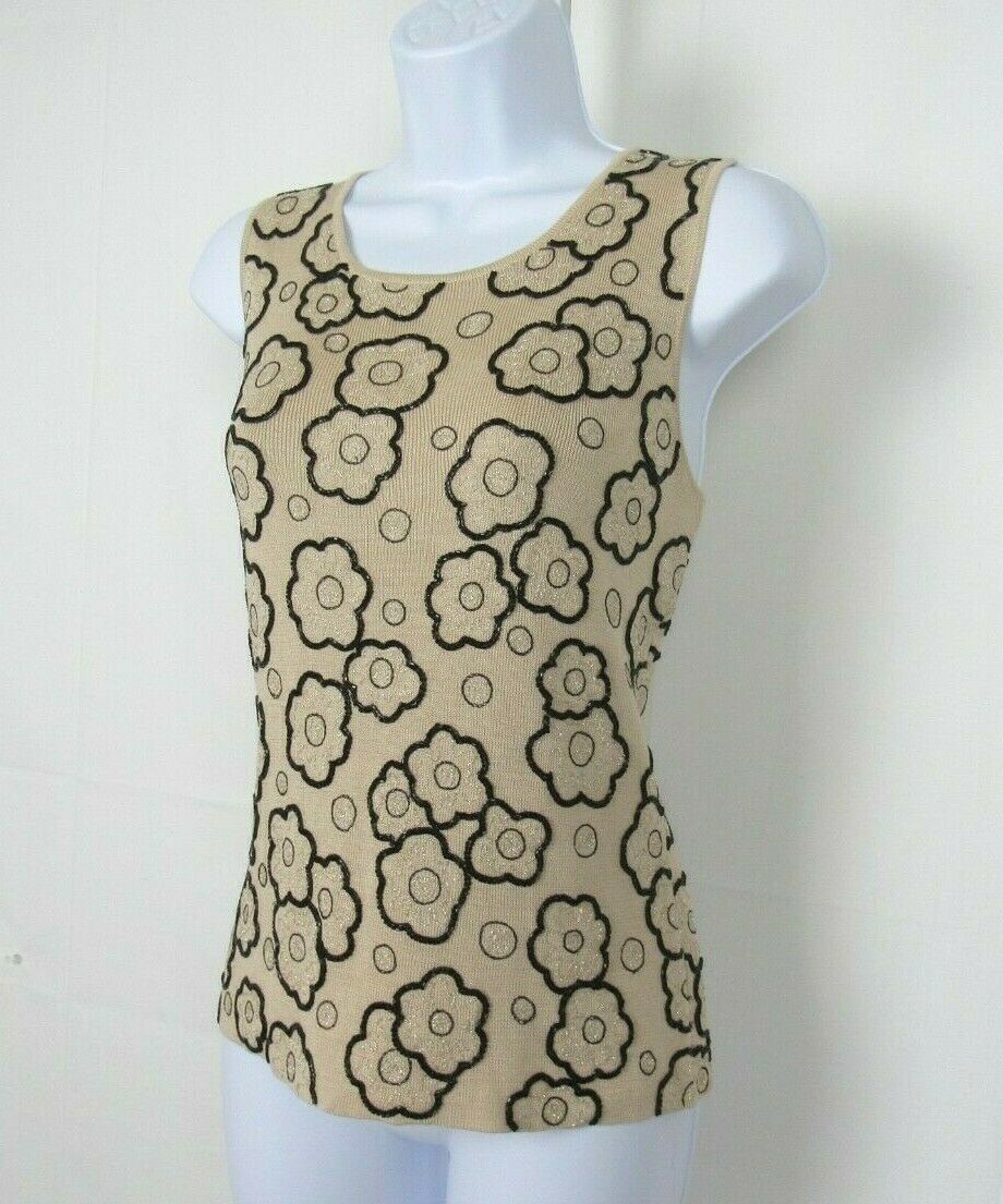 VTG 1990s 2000s MOD ANN TAYLOR SILK BEADED SLEEVELESS TOP SIZE MEDIUM TAN BLACK