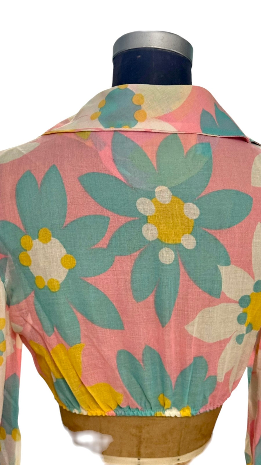 Vintage 70s Dagger Collar Flower Power Crop Top Puffy Sleeves Small