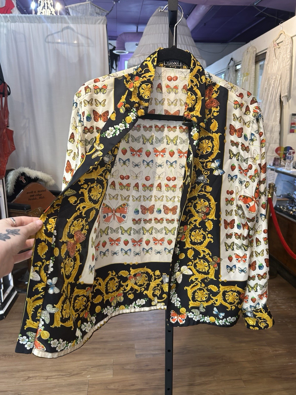 Vintage 1990s Gianni Versace Silk Blouse w/ Baroque Butterfly Fruit Print