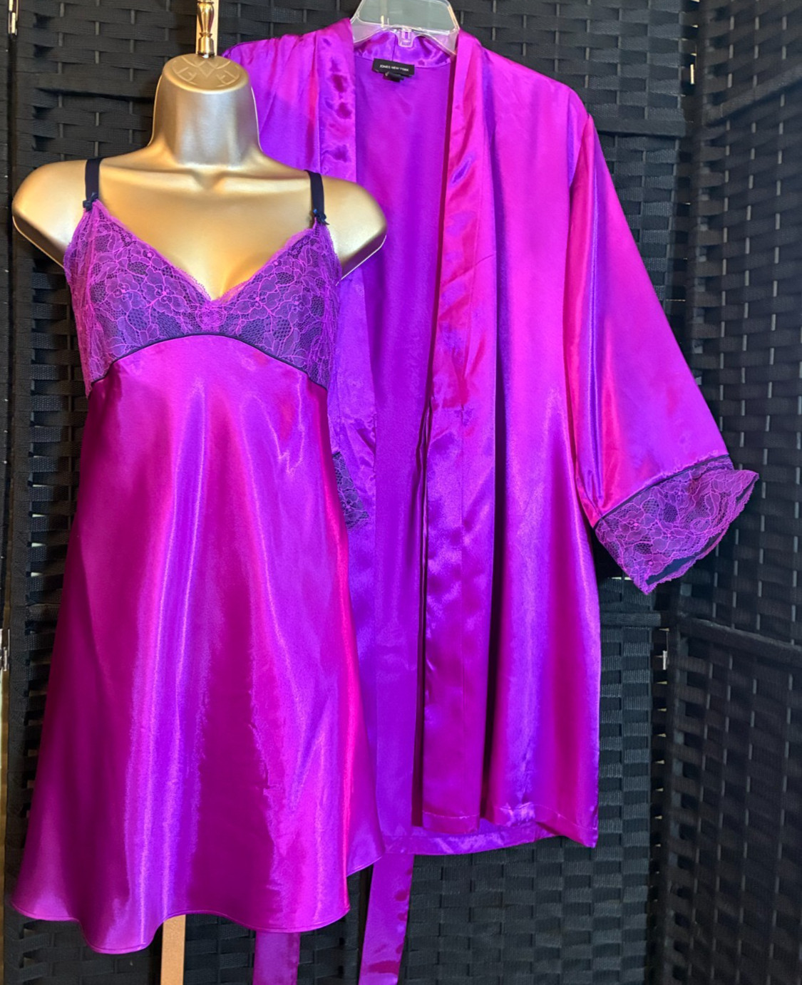 Lace JONES NEW YORK PEIGNOIR Set NEON PURPLE Short XL ROBE & GOWN Liquid Satin