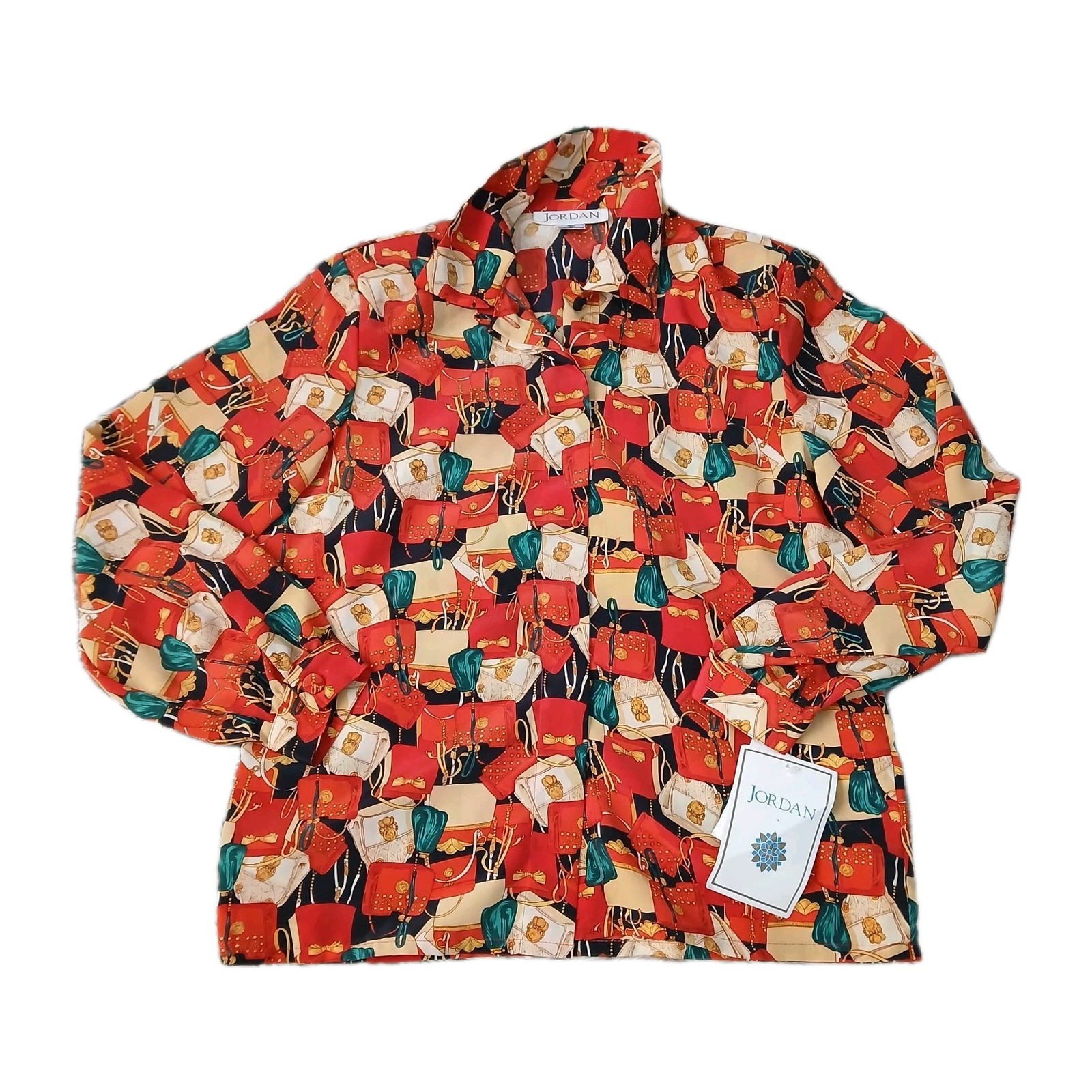 VTG Jordan Blouse Sz 10 Made in Korea Purse Novelty Print Button Down Shirt 80s