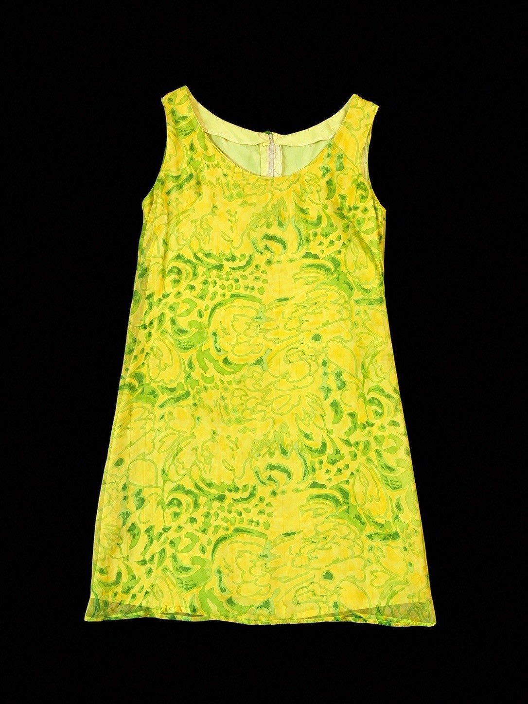 VTG 60s Mod Shift Dress abstract Yellow Green Floral Print chiffon A-Line S/M