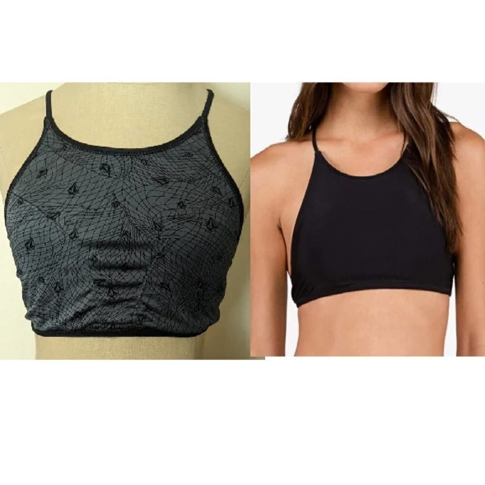 Volcom Halter Simply Solid High Neck Reversible Bikini Top Black Grey Size S/M