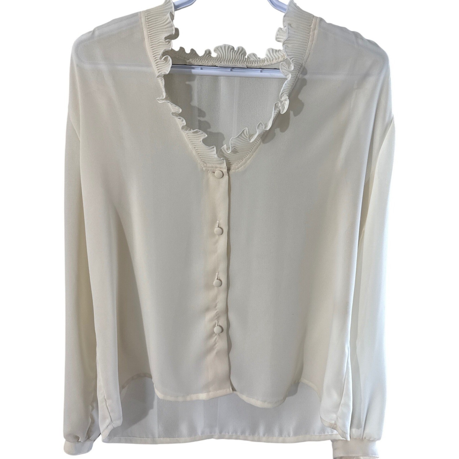 Vintage Mr. Pearcy Cream Ruffle Pleated V-Neck Blouse Made in England Size 16