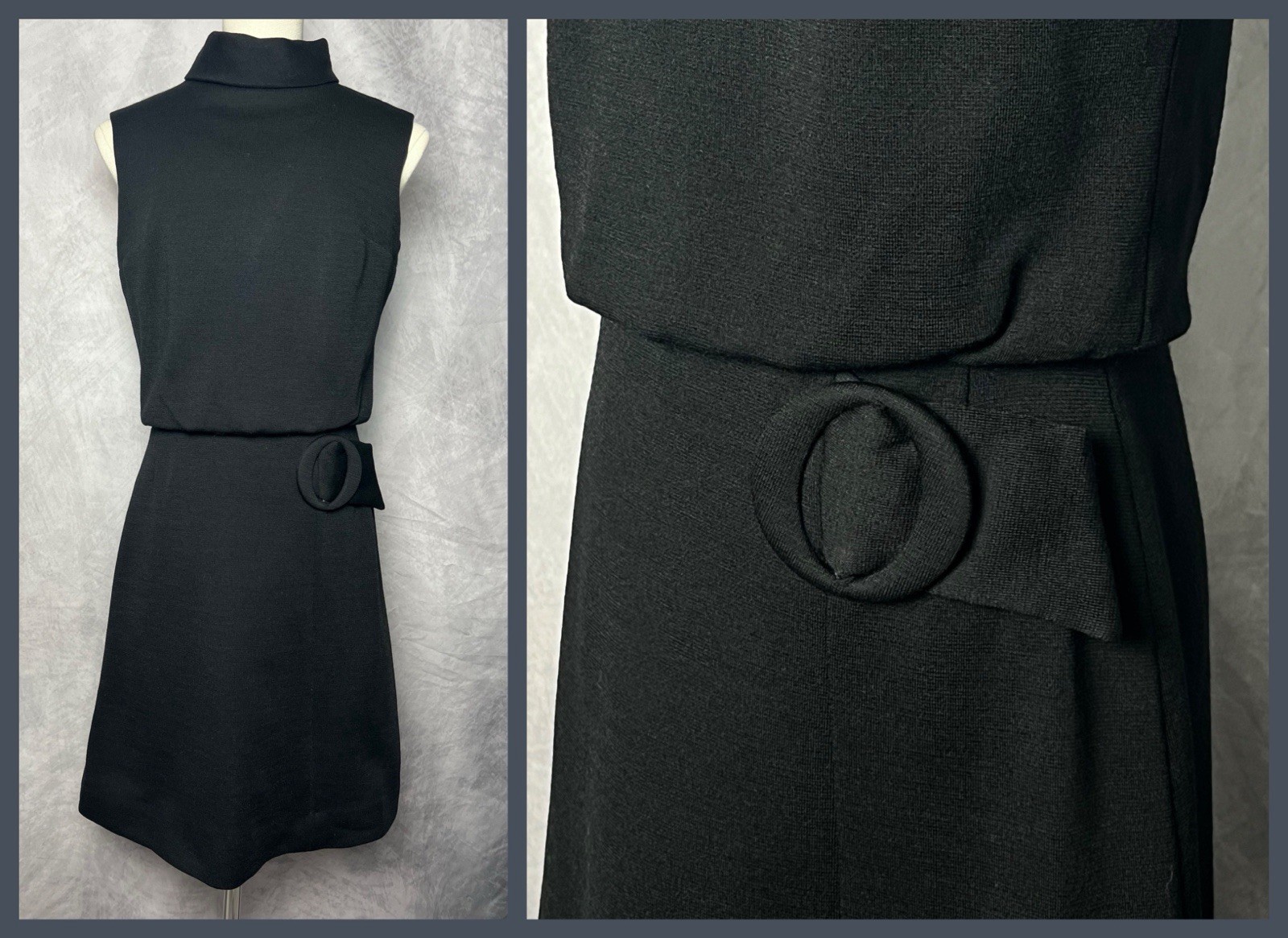Vintage 1960s Hoot Owl Black A-line Mod Style Sheath Mini Dress Waist Accent XS