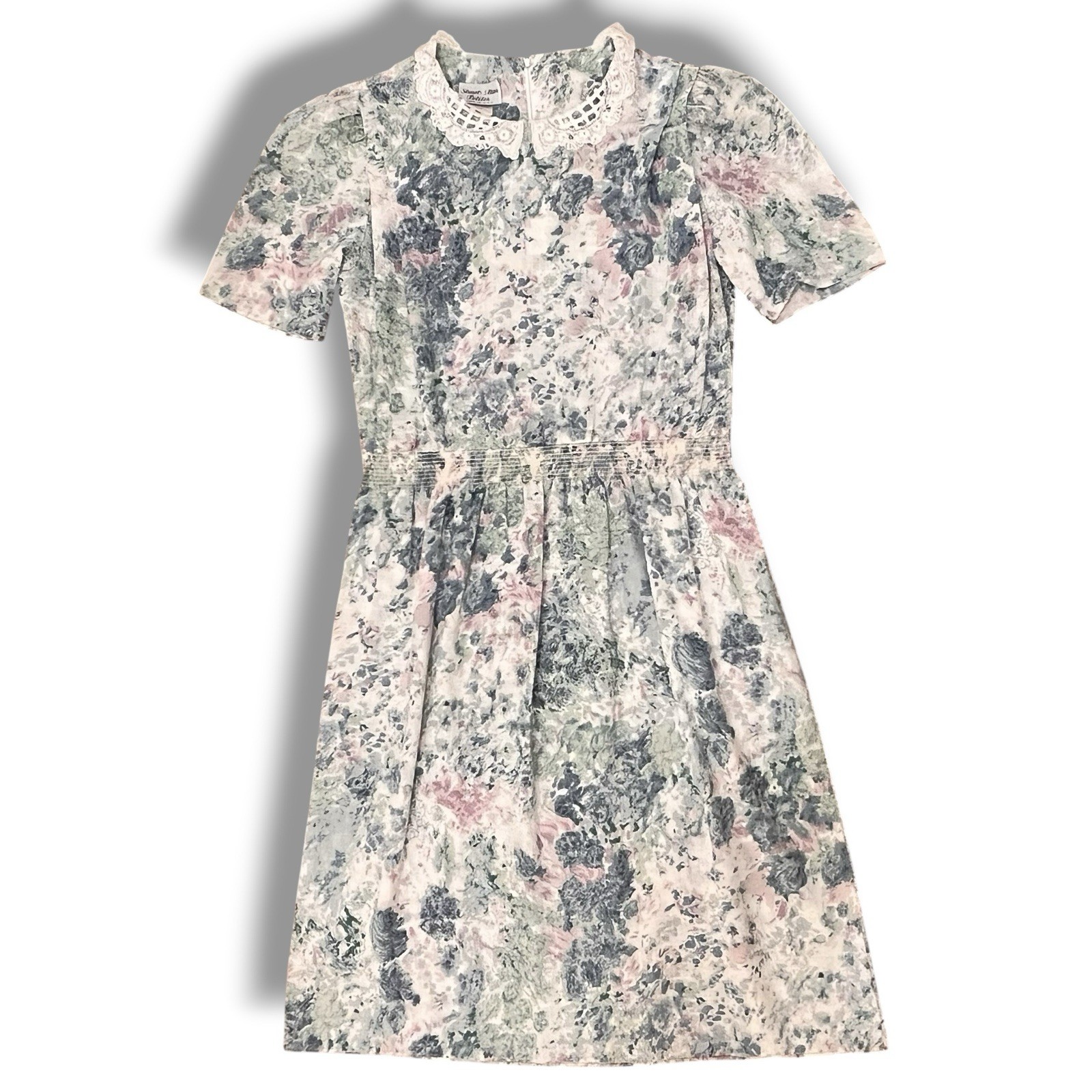 VTG 80s Stuart Alan Petites 14 Pink Pastel Floral Lace Collar Knee Length Dress