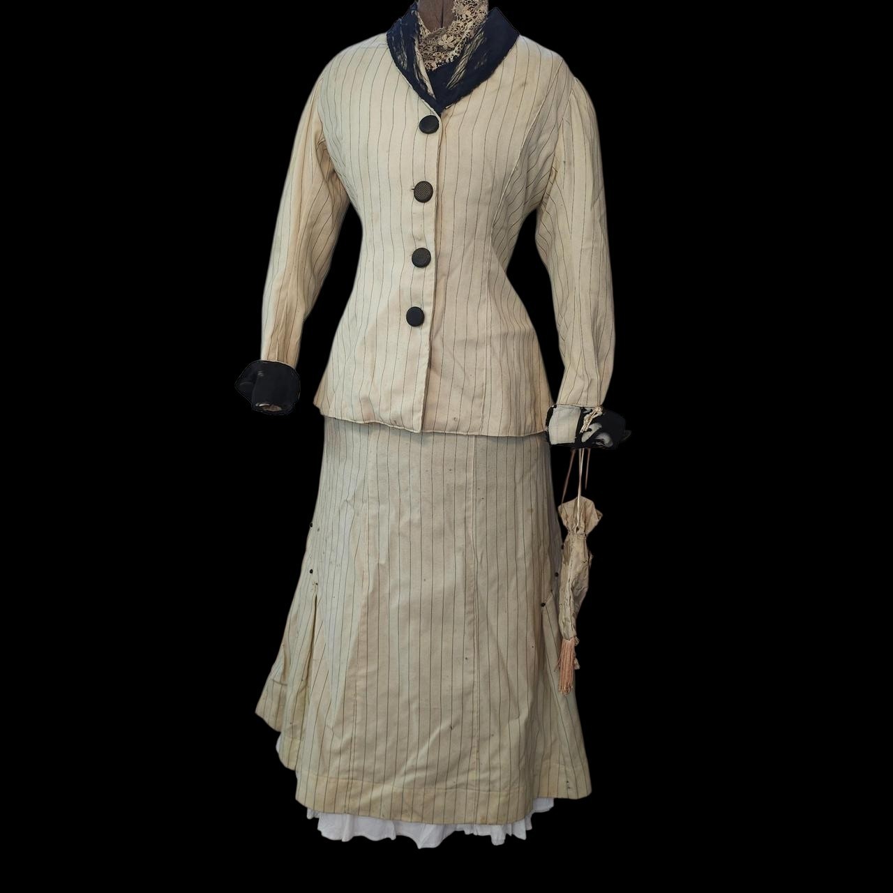 Antique Walking Suit 2 Pc Cream Pinstripe Purse Dress Black Trim Blazer Jacket