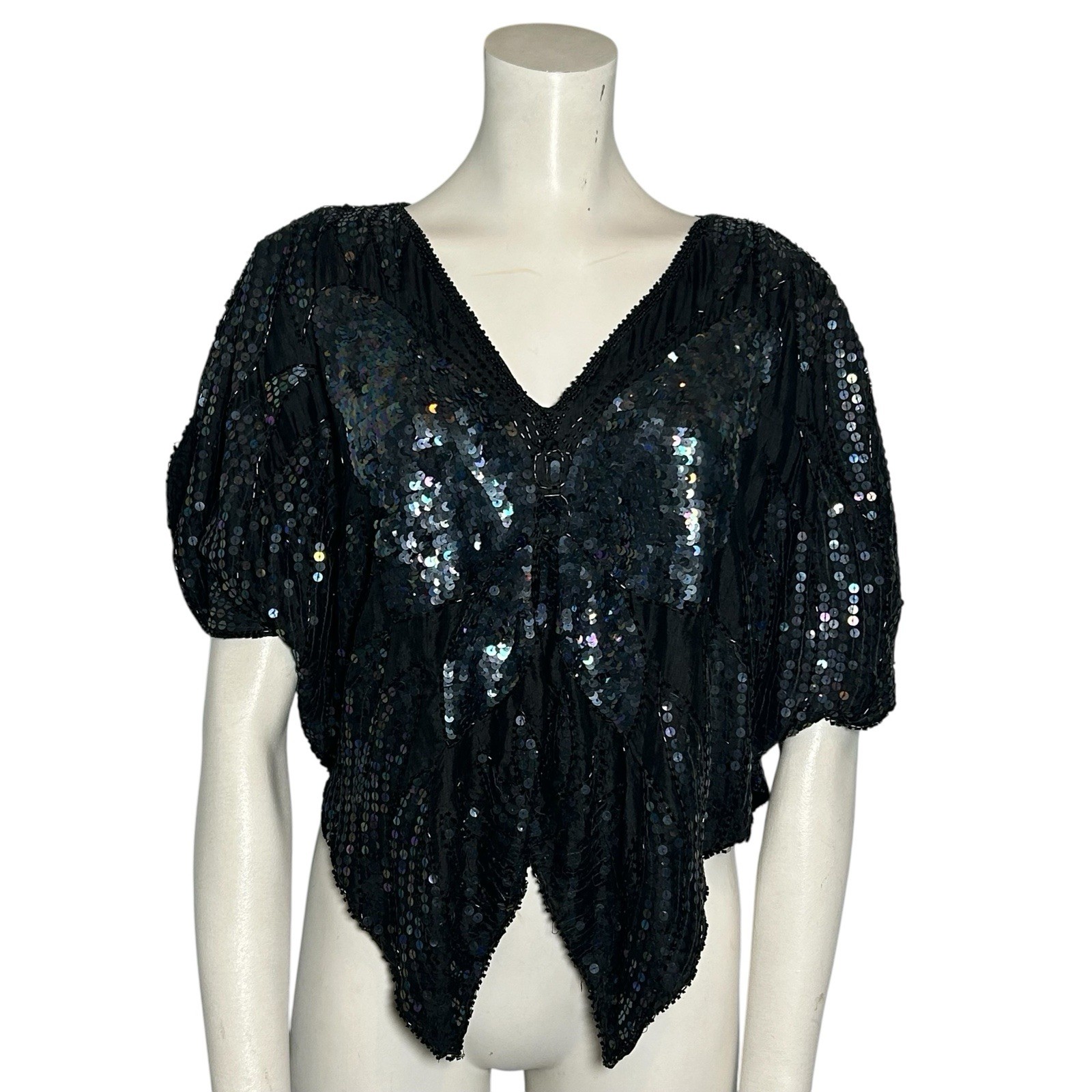 Vintage Linsiano Black Silk Sequin Butterfly Top OS 54” Chest Boho Glam Evening