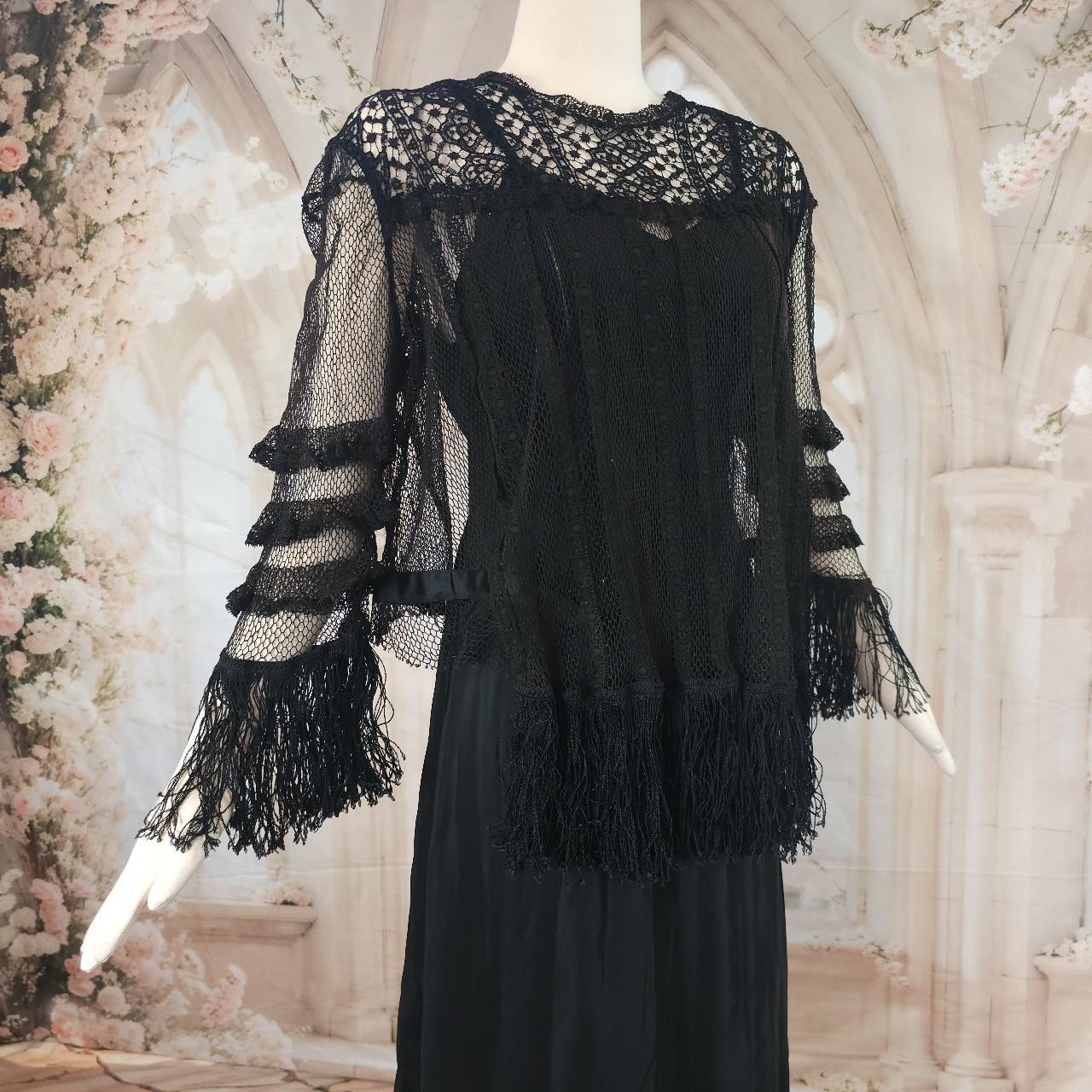 Black Crochet Lace Blouse Fringe Tassels Antique Victorian Edwardian Top Shirt