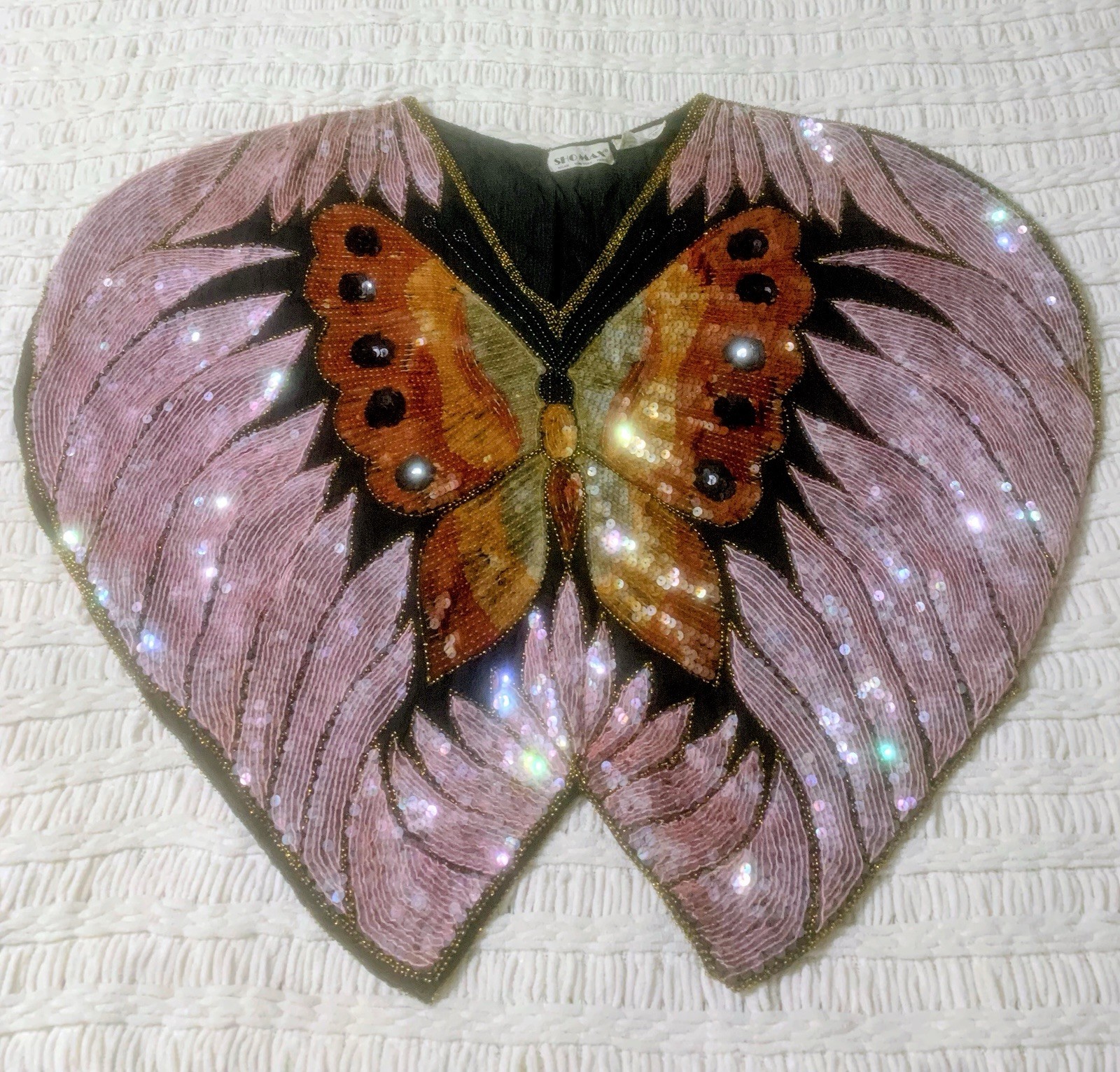 Vintage Sho Max Silk Short Sleeve Sequined Beaded Blouse Top Butterfly M/L?