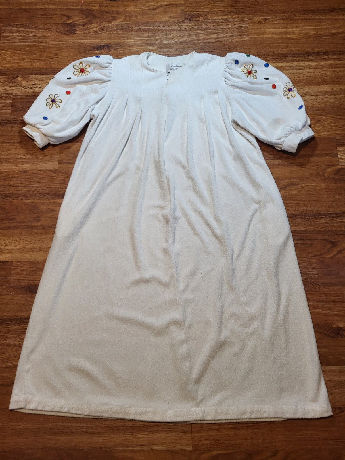 Vintage David Brown Ivory Embroidered Puffed Sleeves Mumu Dress Terrycloth