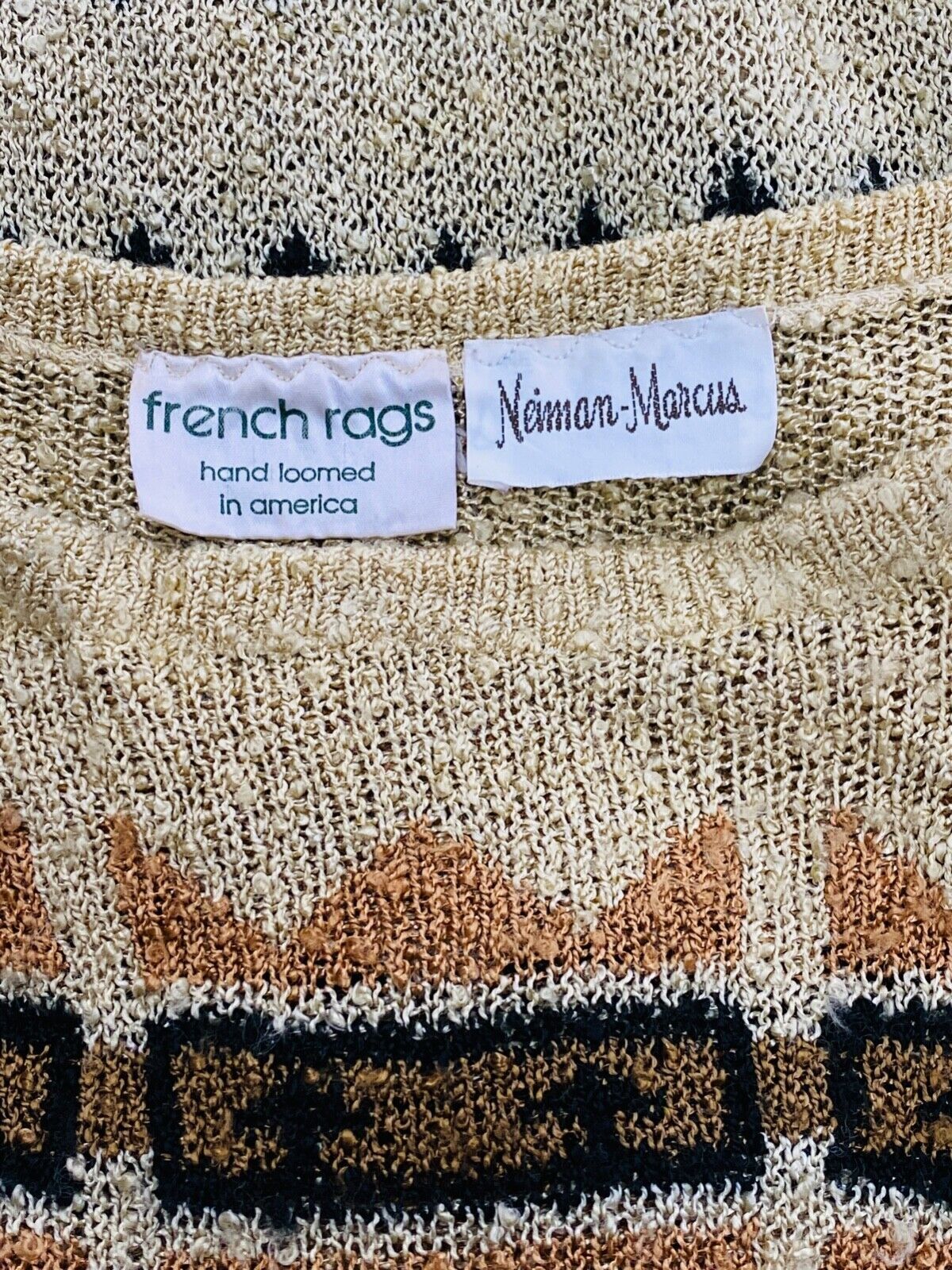 Vintage 1970s French Rags patterned sweater, ivory purple orange arrows knit top